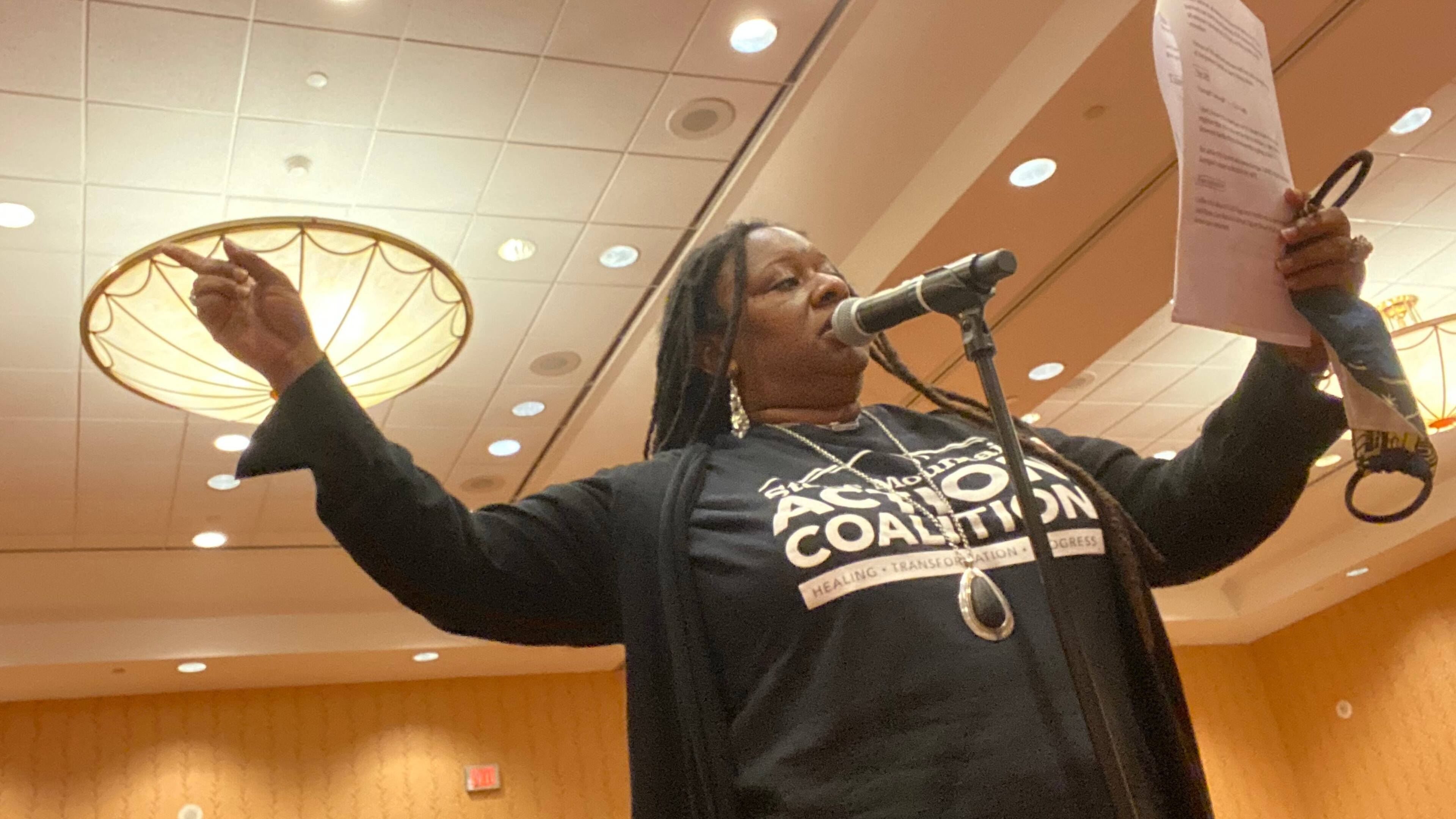 Meymoona Freeman, a leader of the Stone Mountain Action Coalition, speaks during a Monday afternoon meeting of the Stone Mountain Memorial Association board of directors.