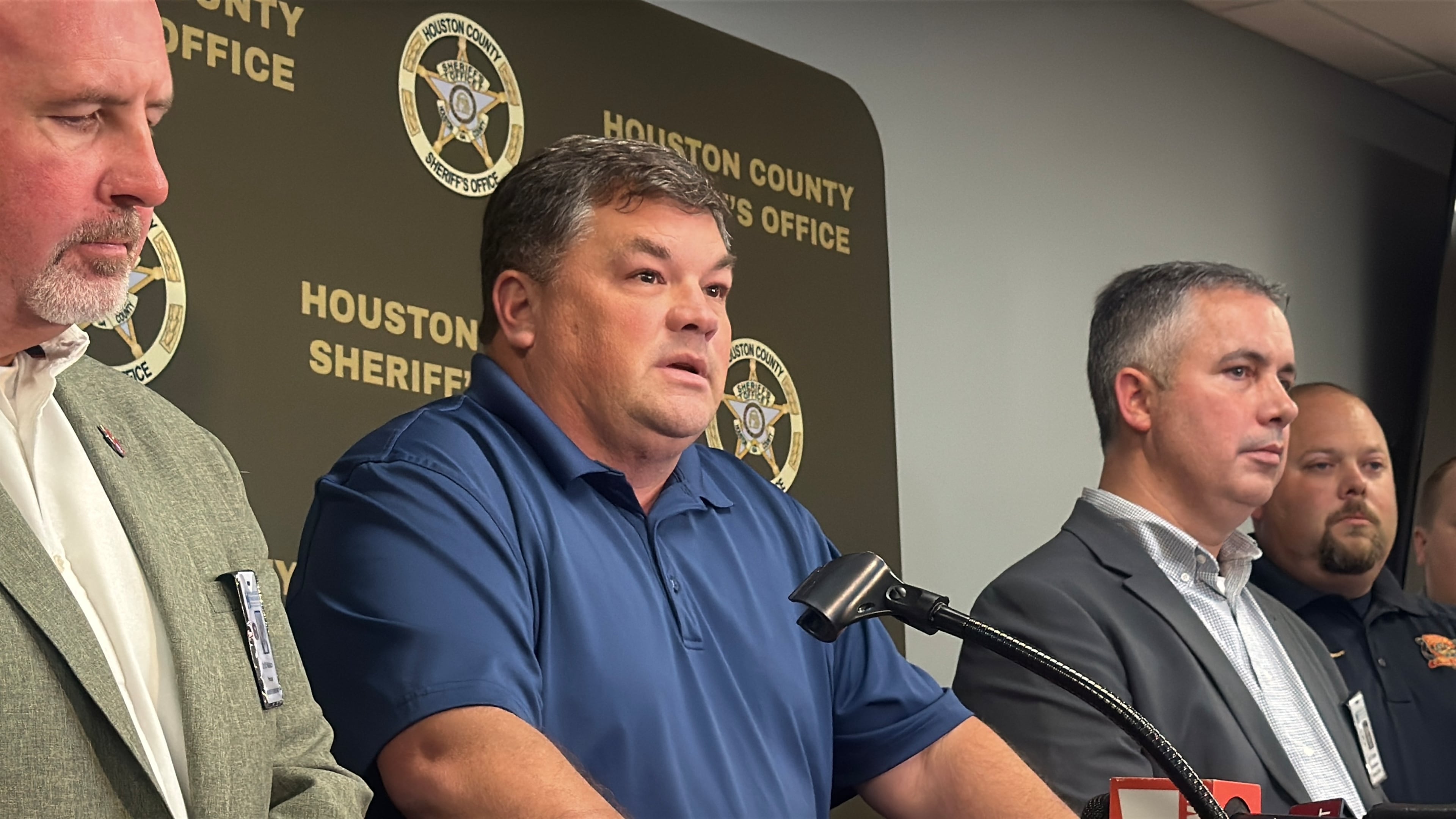 Houston County Sheriff Matthew Moulton speaks at a news conference hours after a student was injured in a shooting in a school bathroom at Warner Robins High School on Wednesday, August 12, 2026. (Joe Kovac/AJC)