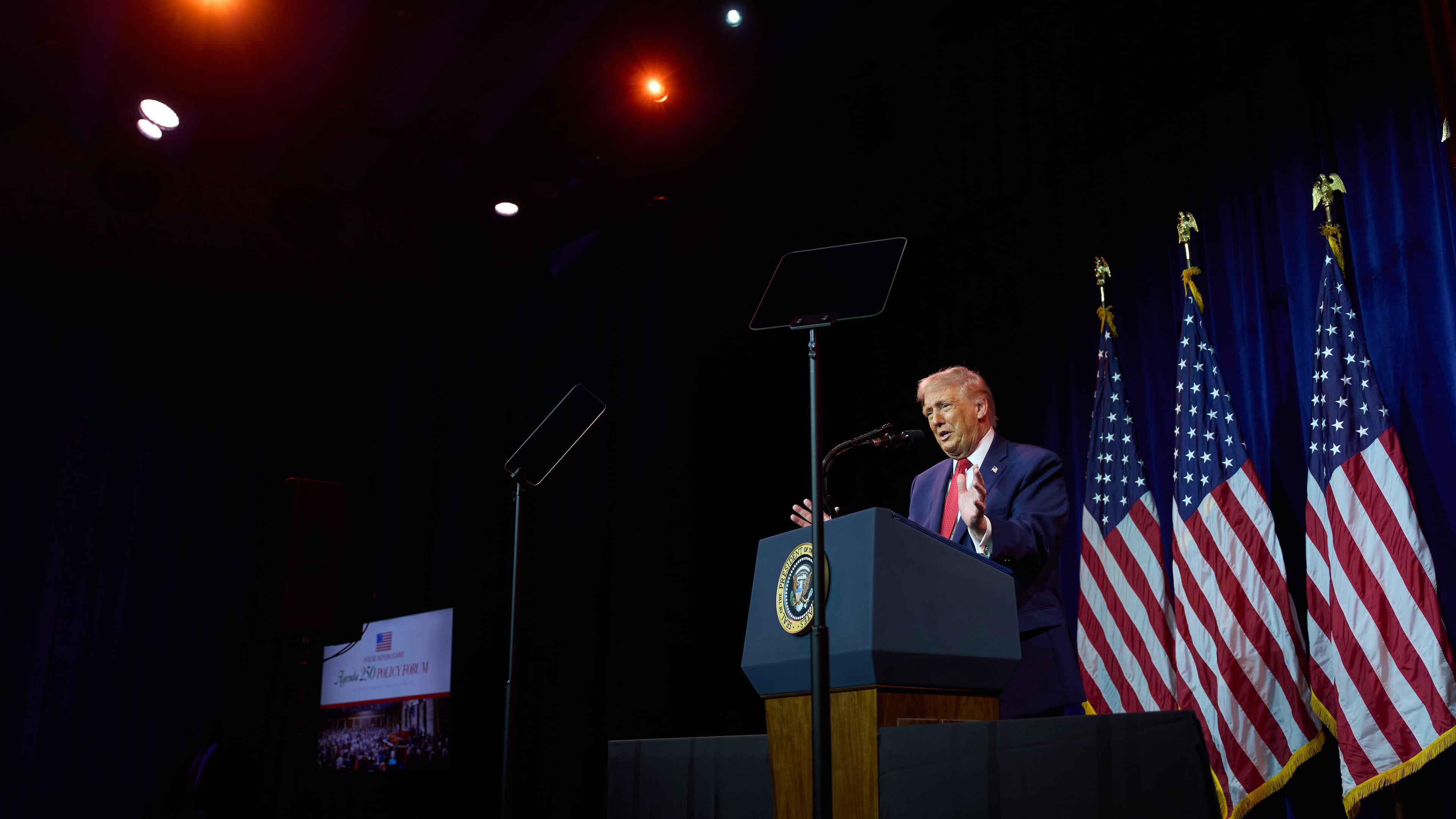 President Donald Trump speaks to House Republican lawmakers during their annual policy retreat, Tuesday, Jan. 6, 2026, in Washington. (AP Photo/Evan Vucci)