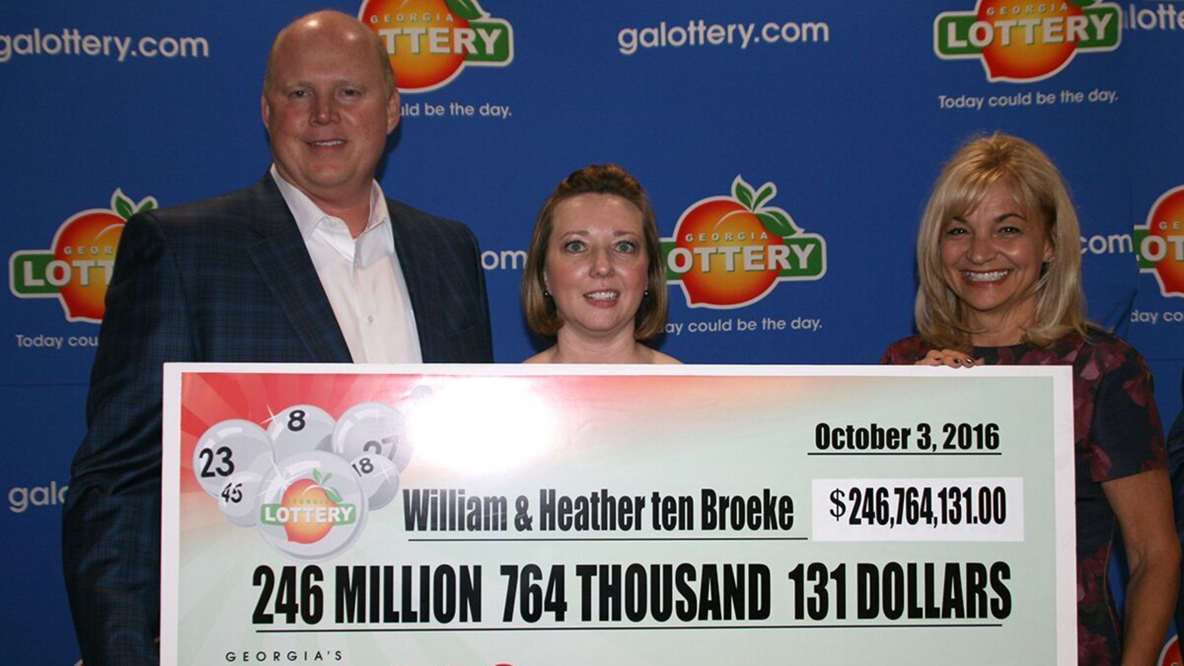 William and Heather ten Broeke of Brookhaven claimed their $246 million prize on Monday. (Credit: Georgia Lottery)