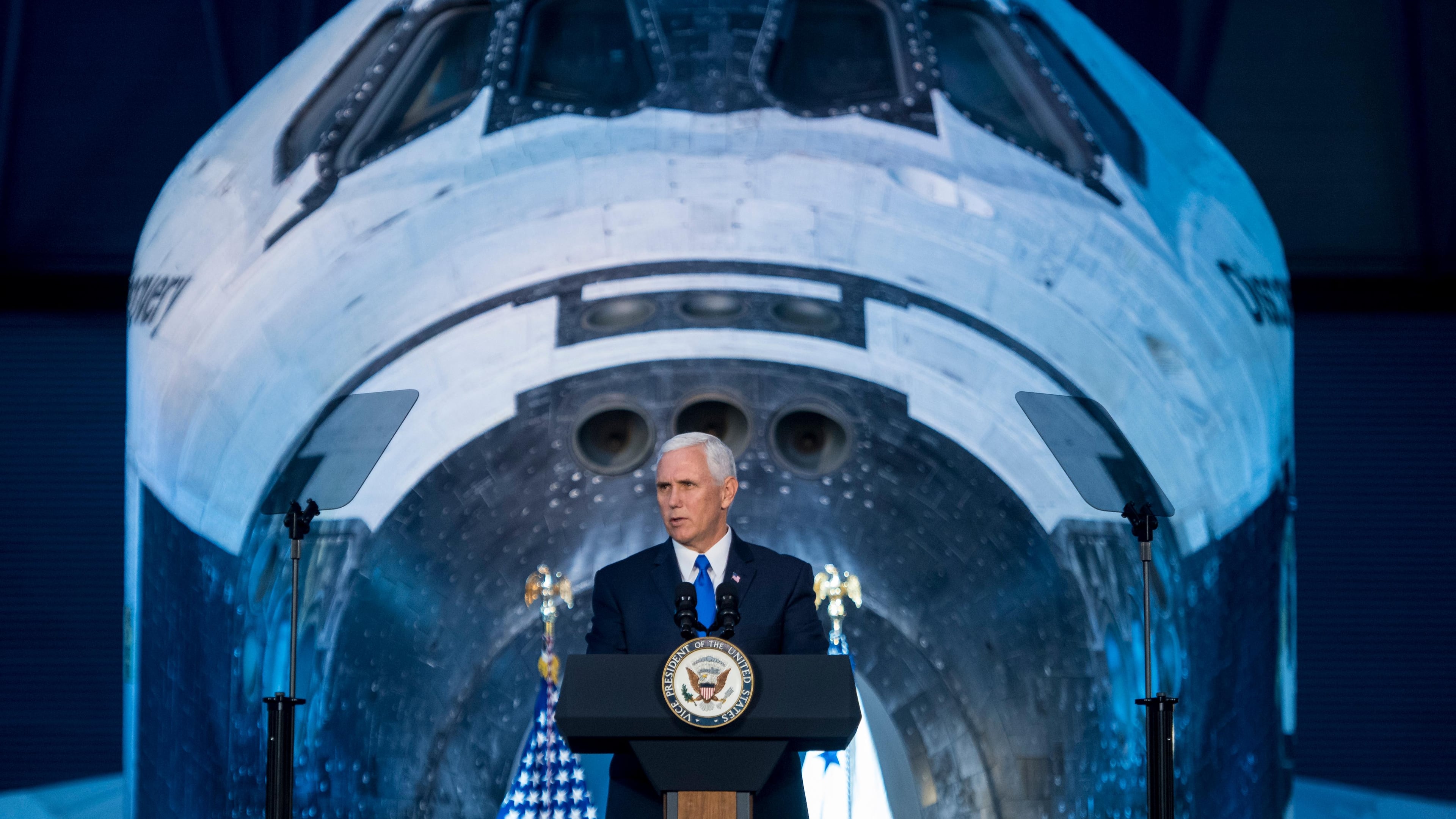 Vice President Mike Pence delivers opening remarks during the National Space Council's first meeting, Thursday, Oct. 5, 2017 at the Smithsonian National Air and Space Museum's Steven F. Udvar-Hazy Center in Chantilly, Va. The National Space Council, chaired by Pence, heard testimony from representatives from civil space, commercial space, and national security space industry representatives. (Joel Kowsky/NASA via AP)