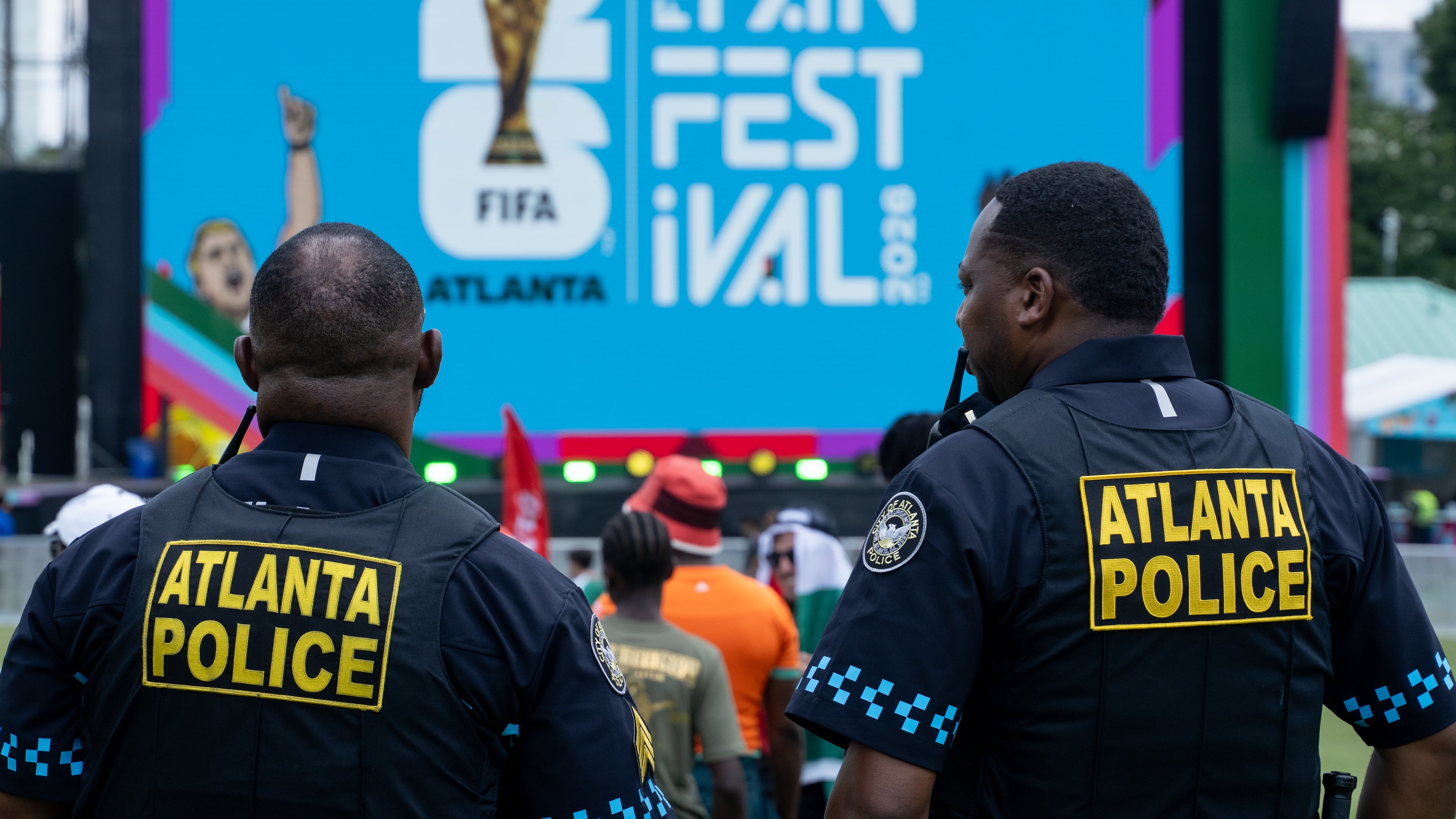 Atlanta Police officers work the opening day of the FIFA Fan Festival at Centennial Olympic Park on Thursday, June 11, 2026. (Ben Hendren for the AJC)