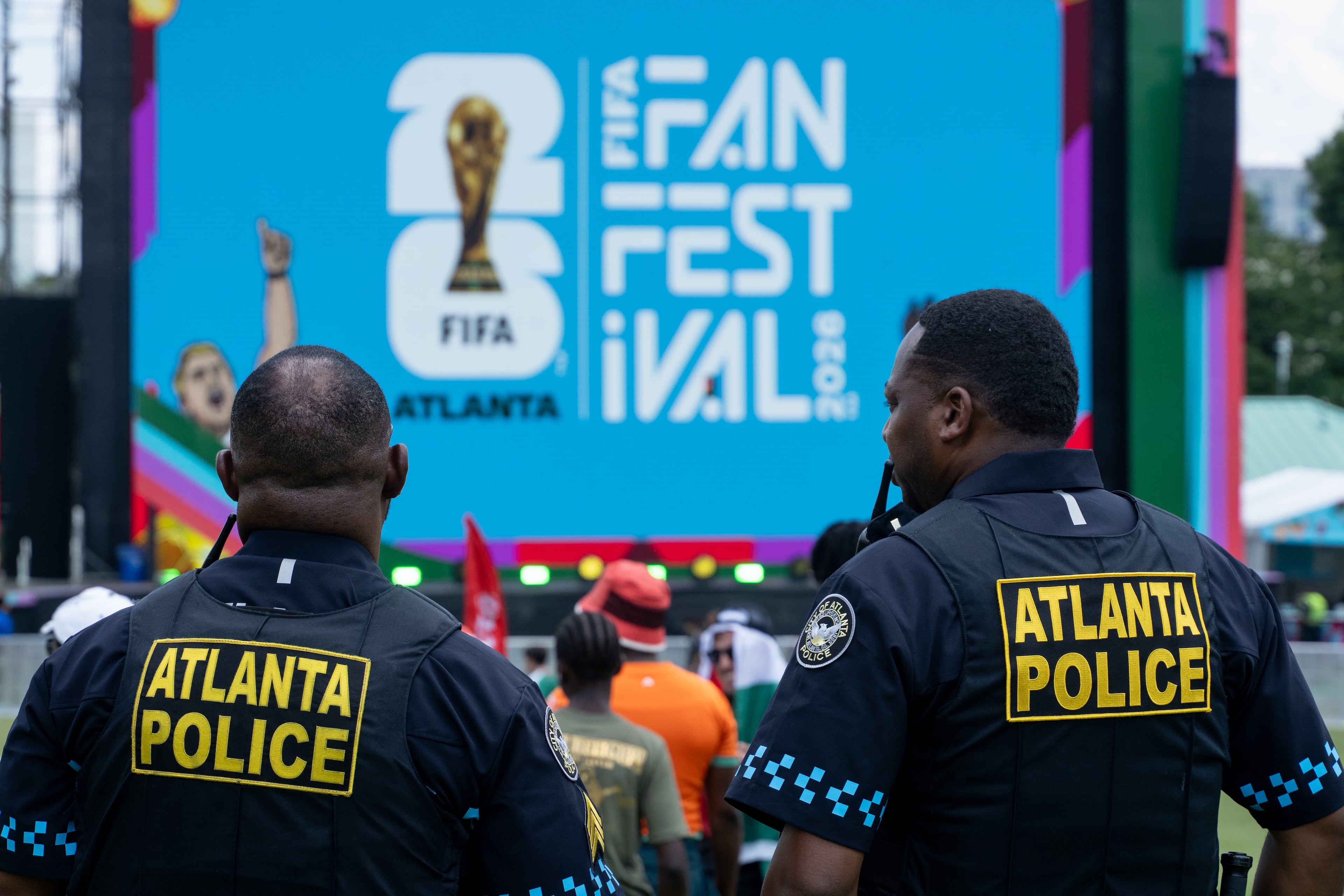 Atlanta police officers work the opening day of the FIFA Fan Festival at Centennial Olympic Park on Thursday, June 11, 2026. (Ben Hendren for the AJC)