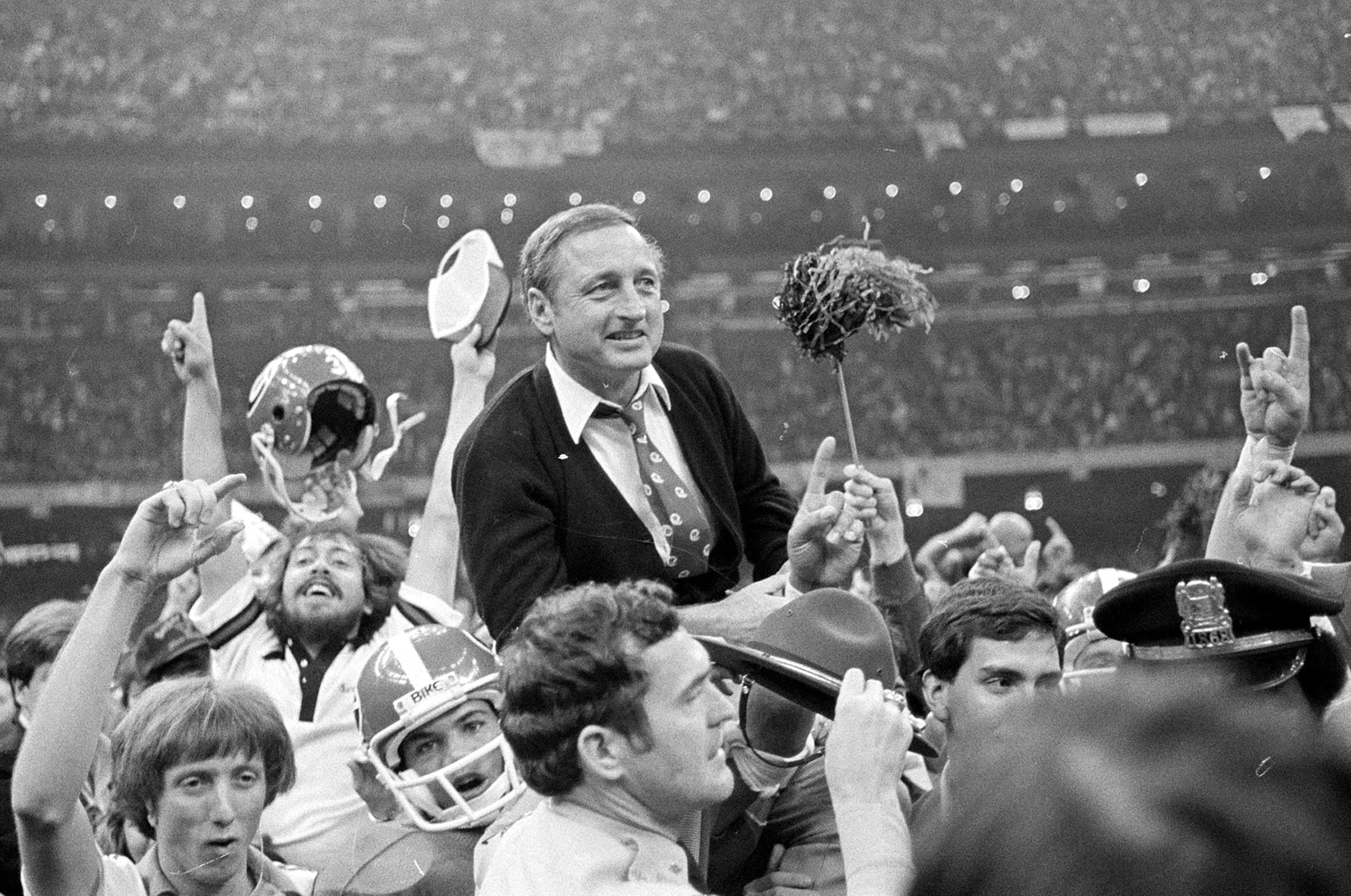 Georgia coach Vince Dooley is carried off the field after Georgia defeated Notre Dame in the Sugar Bowl in New Orleans, Jan. 1, 1981, to win Georgia's most-recent national football championship. (AP Photo/File)