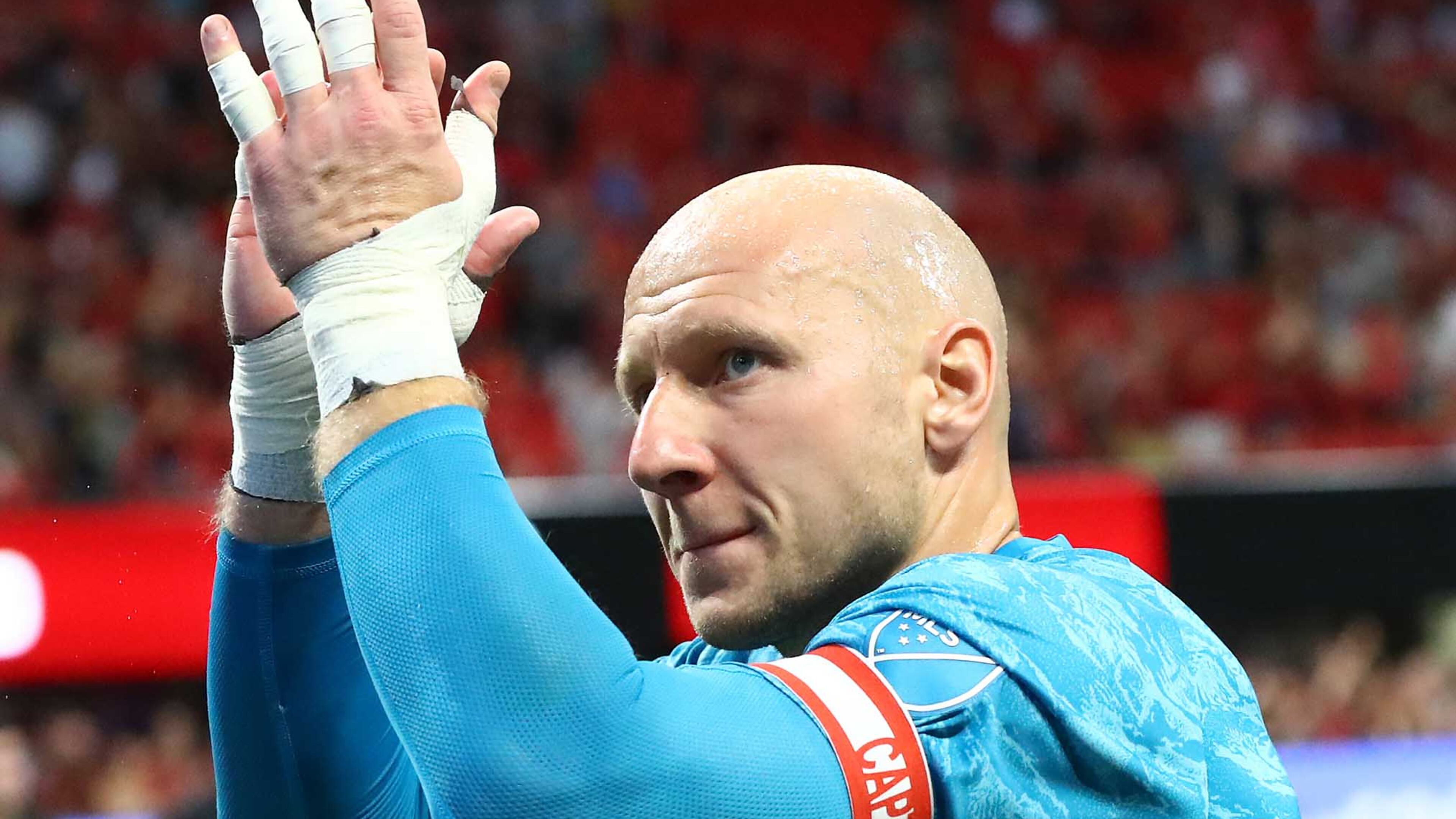Atlanta United goalkeeper Brad Guzan celebrates a 2-0 victory over D.C. United on Sunday, July 21, 2019, in Atlanta. Curtis Compton/ccompton@ajc.com