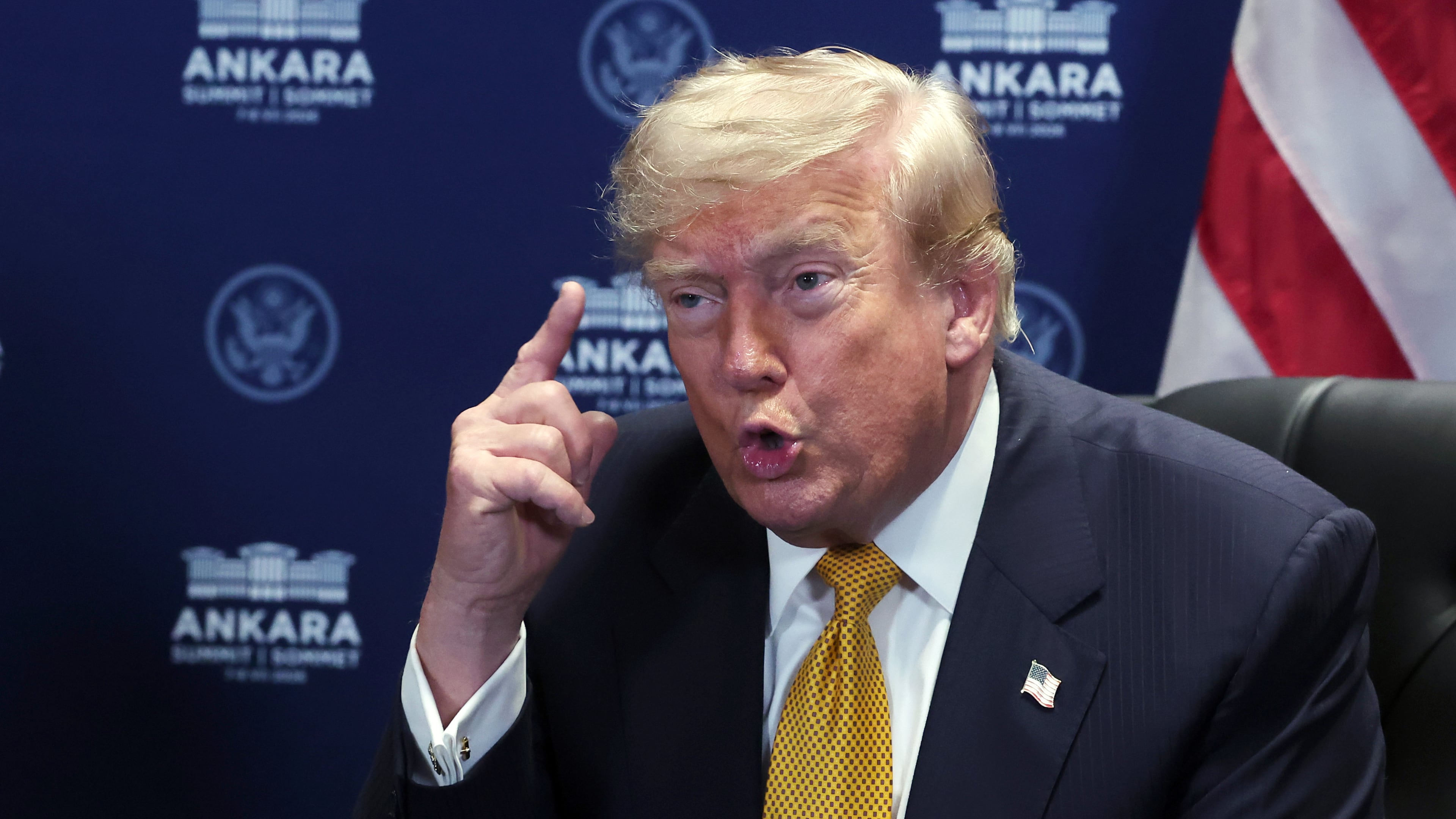 President Donald Trump speaks during a meeting with NATO Secretary General Mark Rutte at the NATO summit in Ankara, Turkey, Wednesday, July 8, 2026. (Filip Singer, Pool Photo via AP)