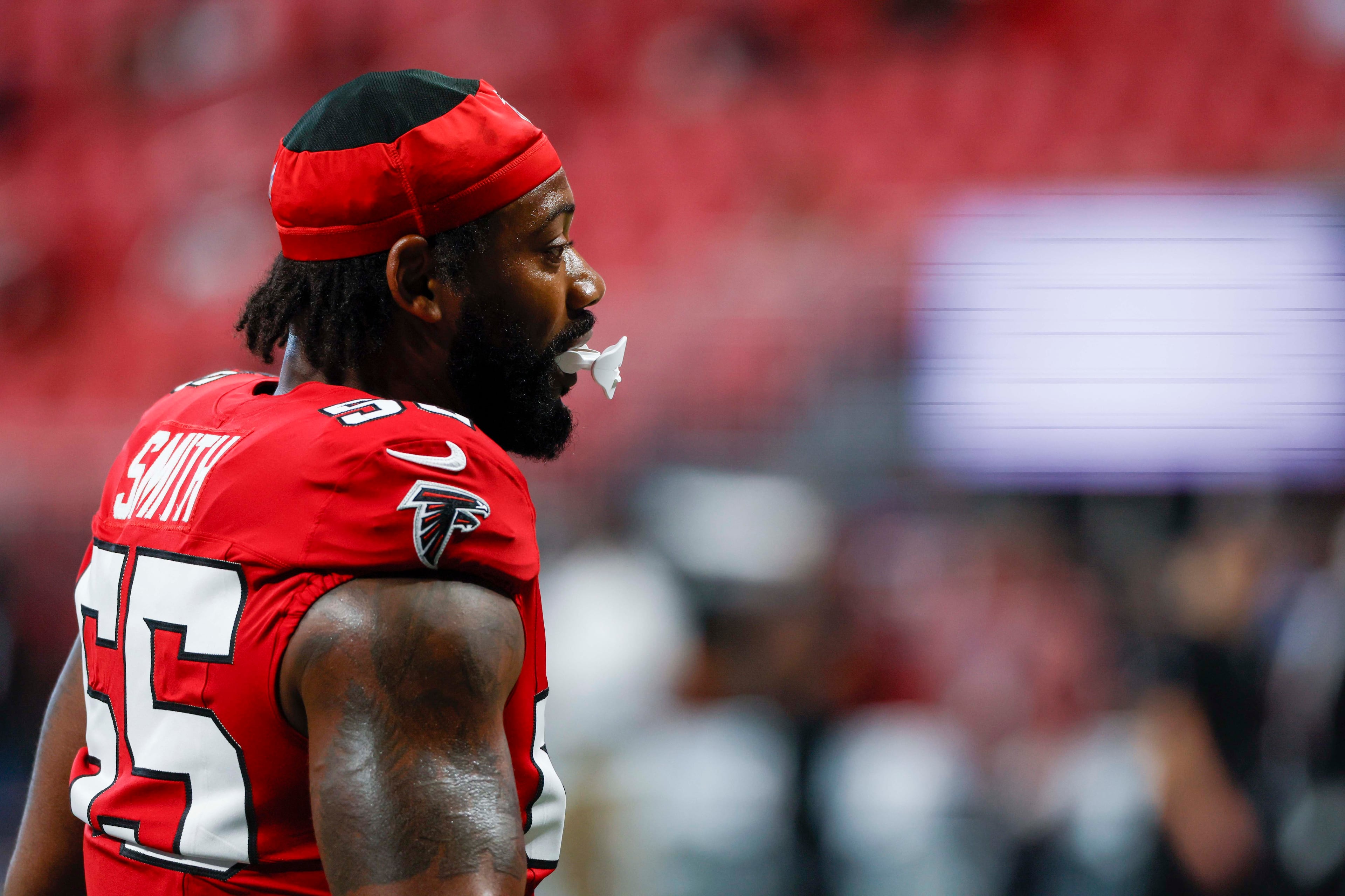 Atlanta Falcons defensive end Za’Darius Smith (55) is seen during warm-ups before the game against the Carolina Panthers at Mercedes-Benz Stadium in Atlanta on Sunday, September 20, 2026. \f (Miguel Martinez/AJC)