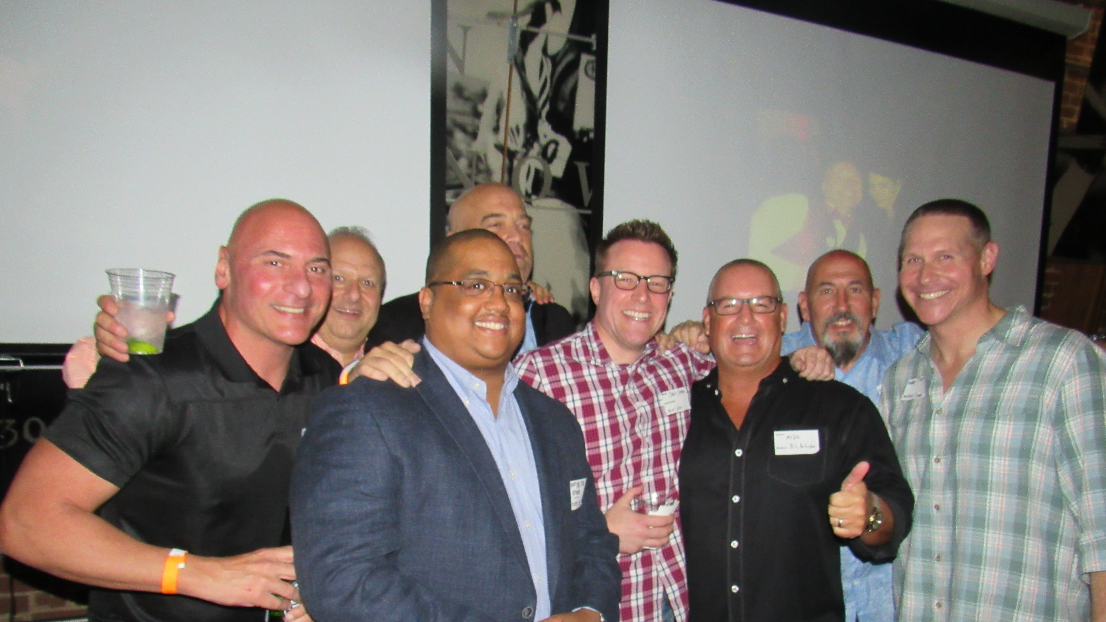 The 790/The Zone reunion included Nick Cellini, Andrew Saltzman, Brandon "HomeTeam" Leak, Steak Shapiro, Chris Cotter, Mike Bell, Chris Dimino and Matt Chernoff. CREDIT: Rodney Ho/rho@ajc.com