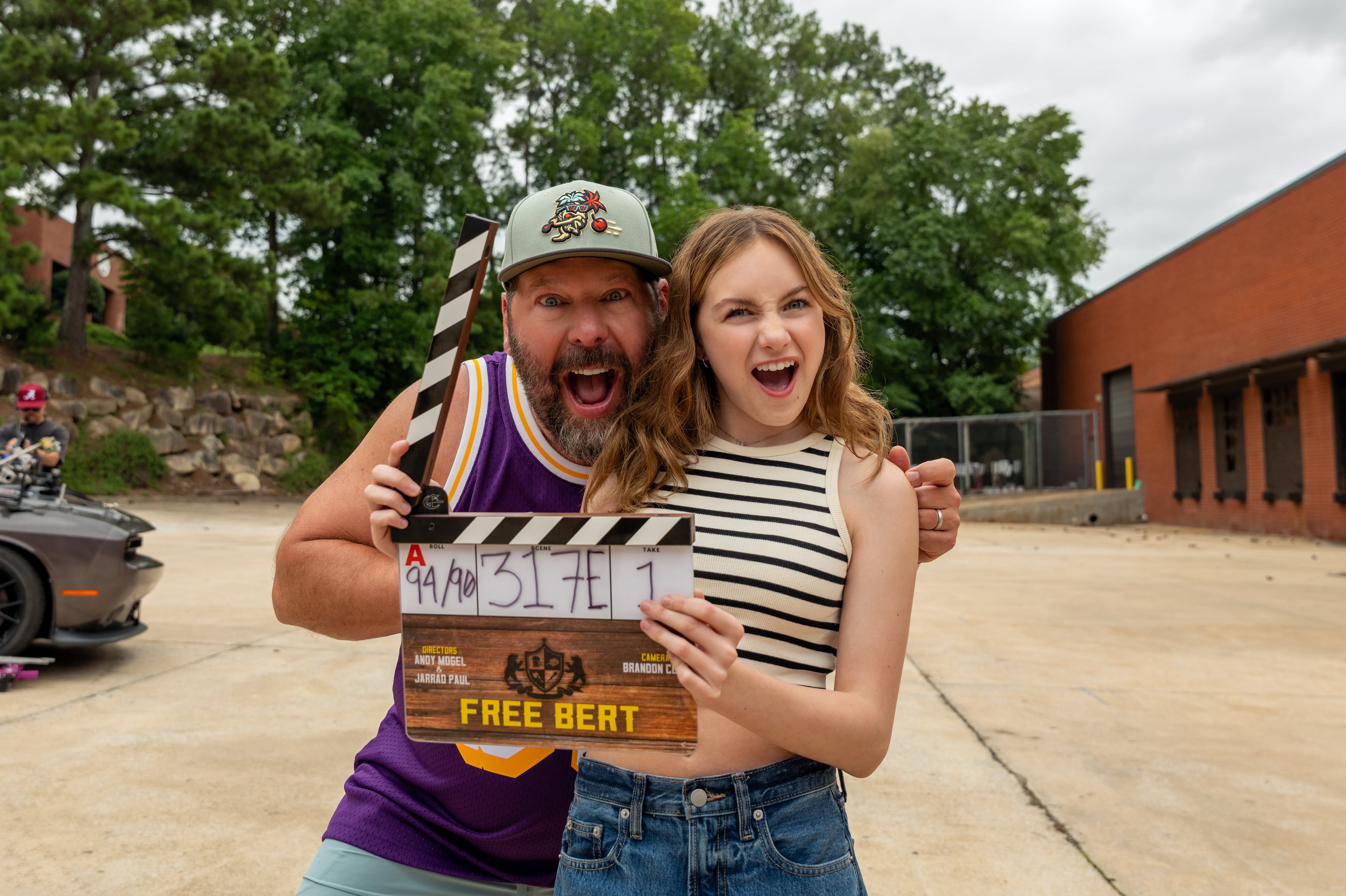 Bert Kreischer goofing around with actress Ava Ryan during a break on the set of Netflix's "Free Bert." (Courtesy of Tom Griscom/Netflix)
