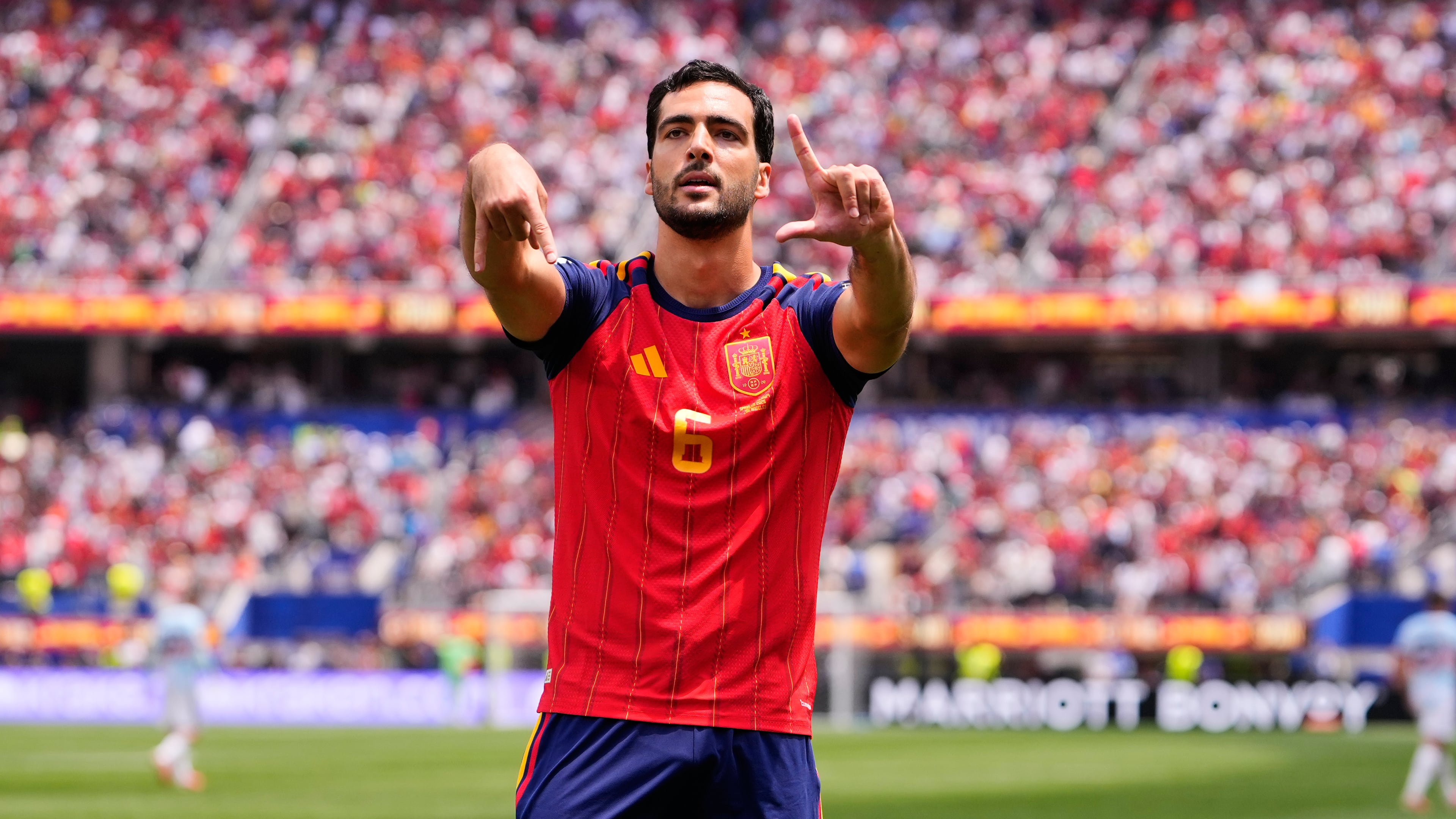 Spain's Mikel Merino (6) celebrates scoring their second goal during the World Cup quarterfinal soccer match between Spain and Belgium in Inglewood, Calif., near Los Angeles, Friday, July 10, 2026. (AP Photo/Mark J. Terrill)