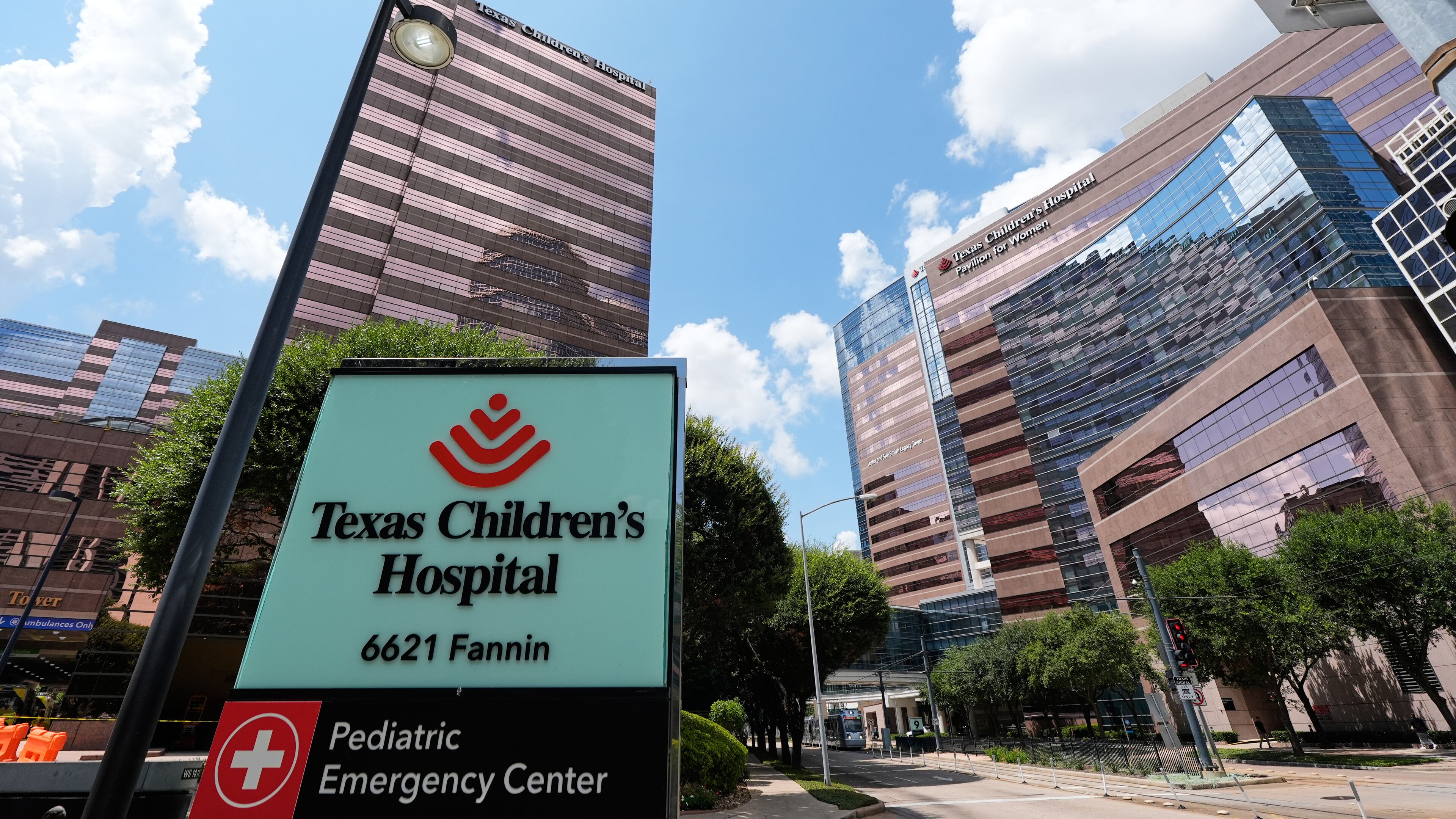 A portion of the Texas Children's Hospital campus is seen on Friday, Aug. 7, 2026, in Houston. (AP Photo/Ashley Landis)