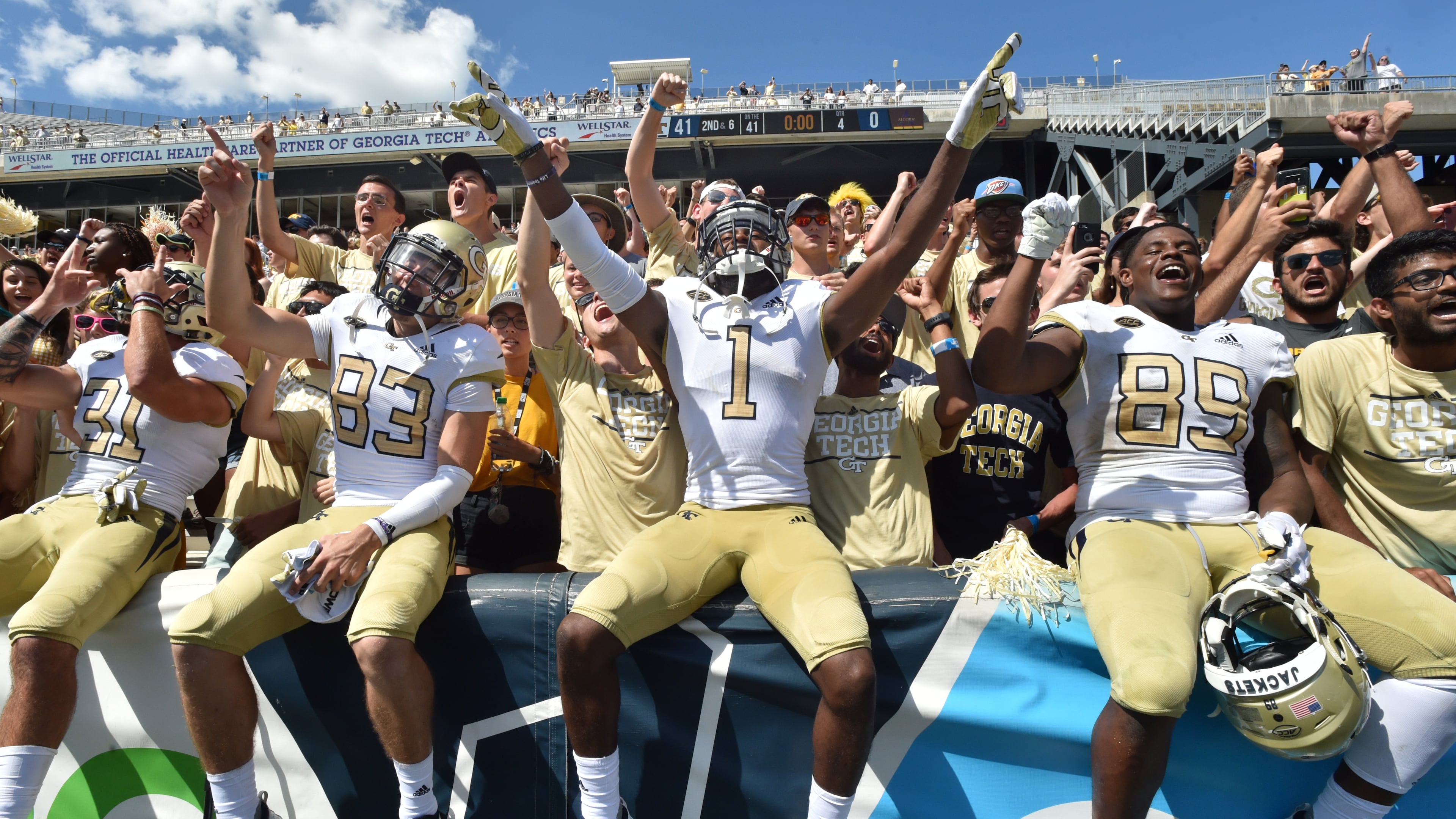 September 1, 2018 Atlanta - Georgia Tech running back Qua Searcy (1) and other players celebrate their 41-0 victory over the Alcorn State during the Georgia Tech home opener at Bobby Dodd Stadium on Saturday, September 1, 2018. HYOSUB SHIN / HSHIN@AJC.COM