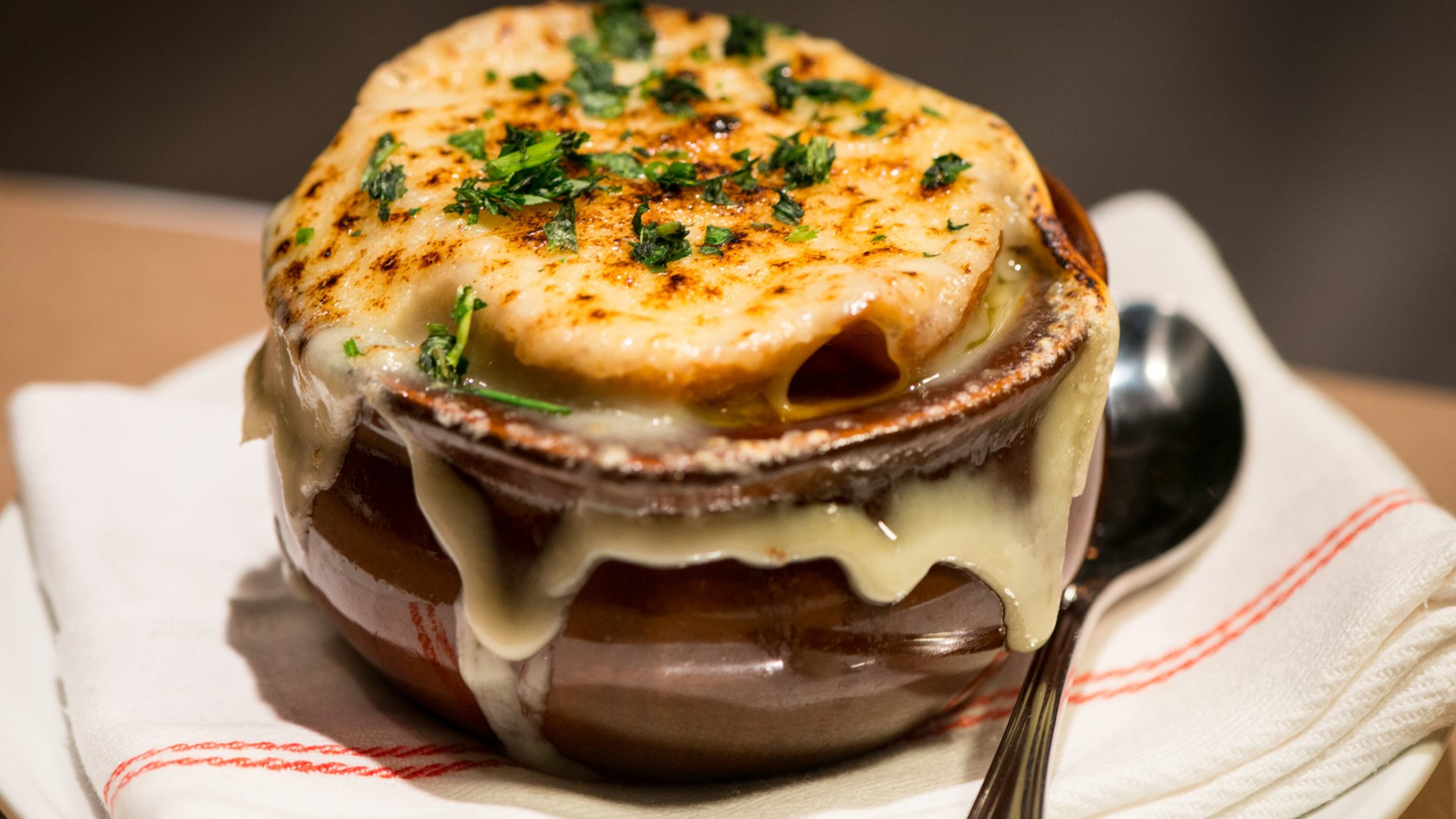 Oxtail french onion soup with cave-aged Gruyere cheese at The Federal. Photo credit- Mia Yakel.