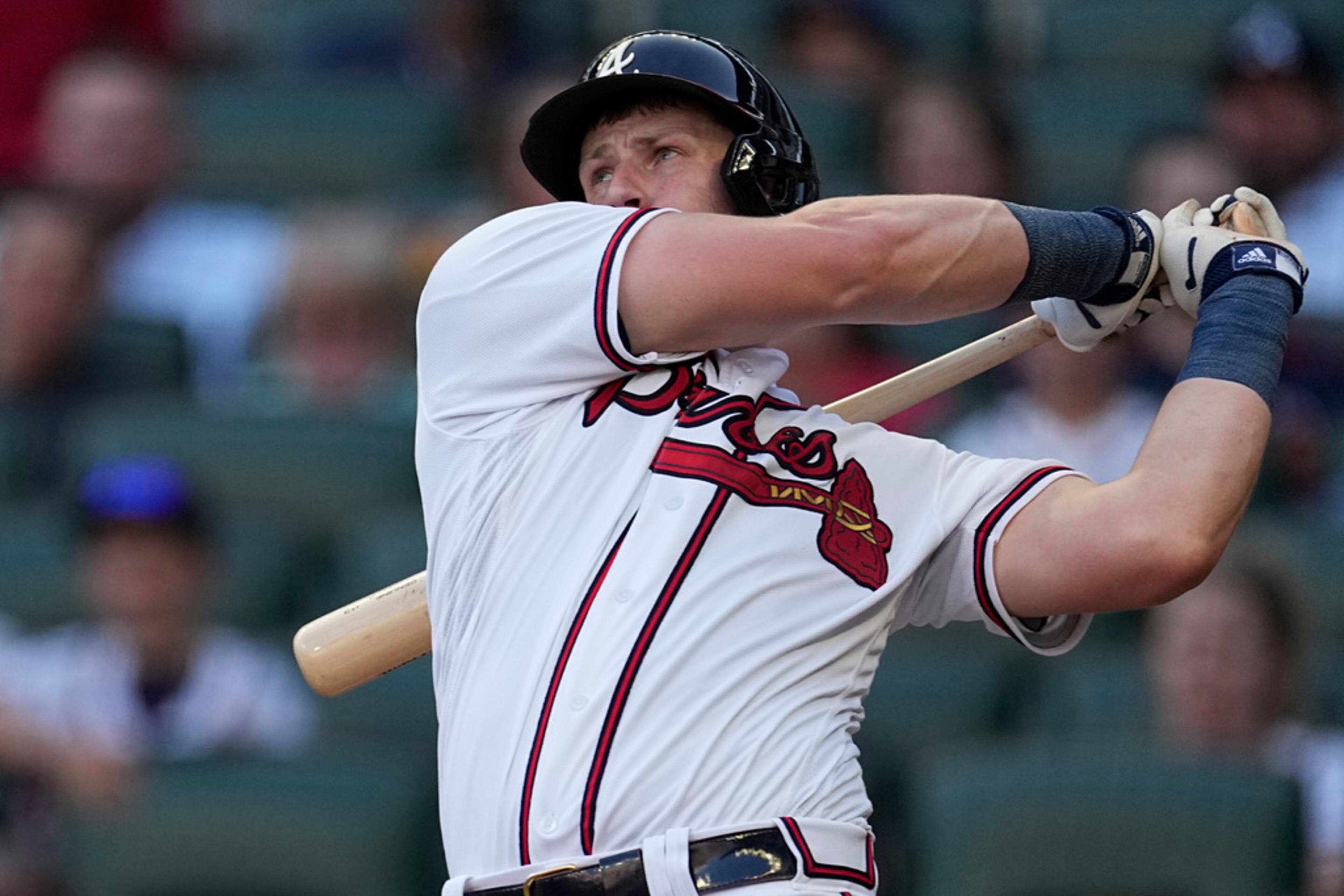 Atlanta Braves' Sean Murphy watches his solo home run against the Minnesota Twins during the first inning of a baseball game Tuesday, June 27, 2023, in Atlanta. The Braves won 6-2. (AP Photo/John Bazemore)