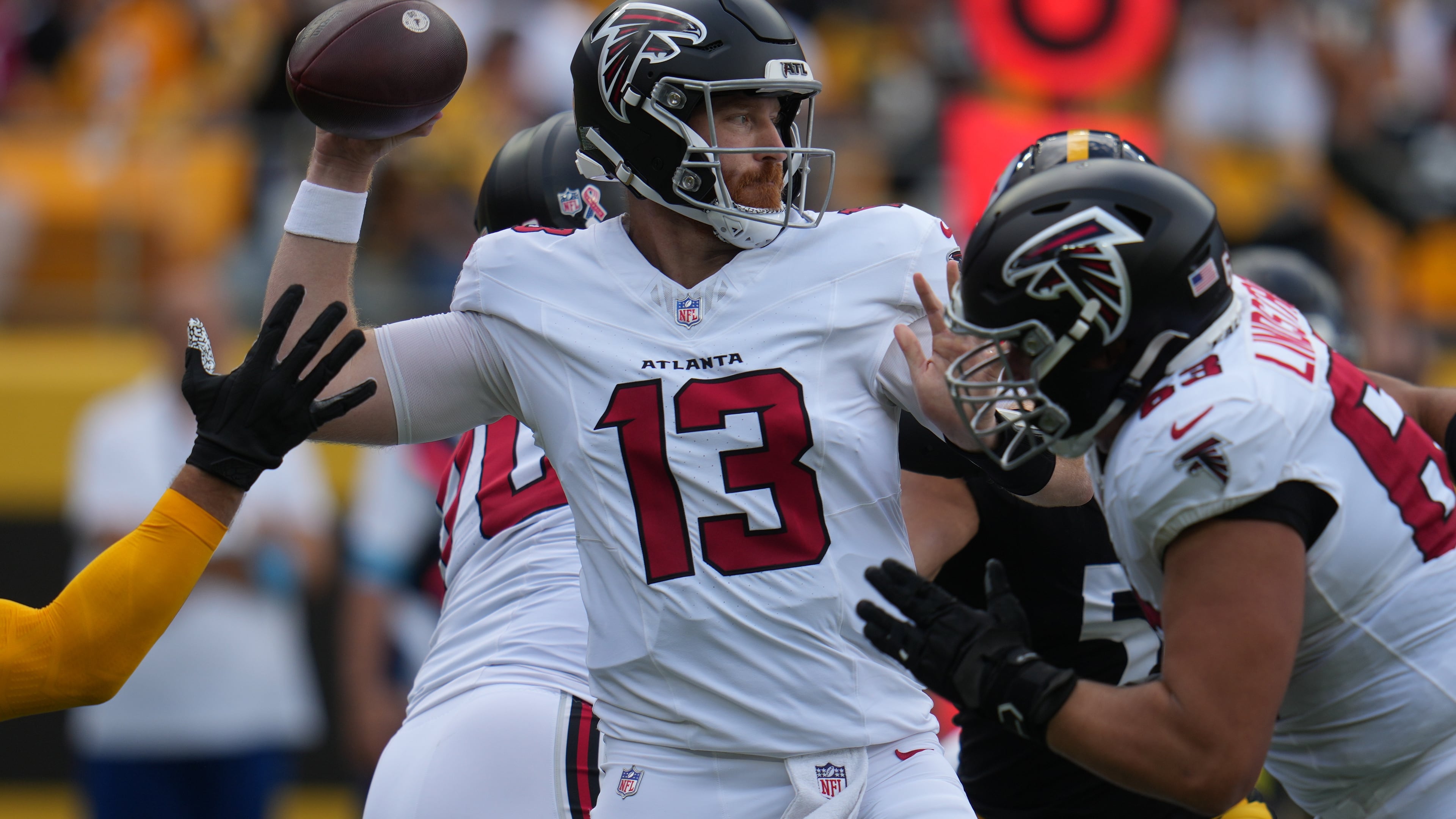 Atlanta Falcons quarterback Cooper Rush looks to pass during an NFL football game against the Pittsburgh Steelers, Sunday, Sept. 13, 2026, in Pittsburgh. (Gene J. Puskar/AP)