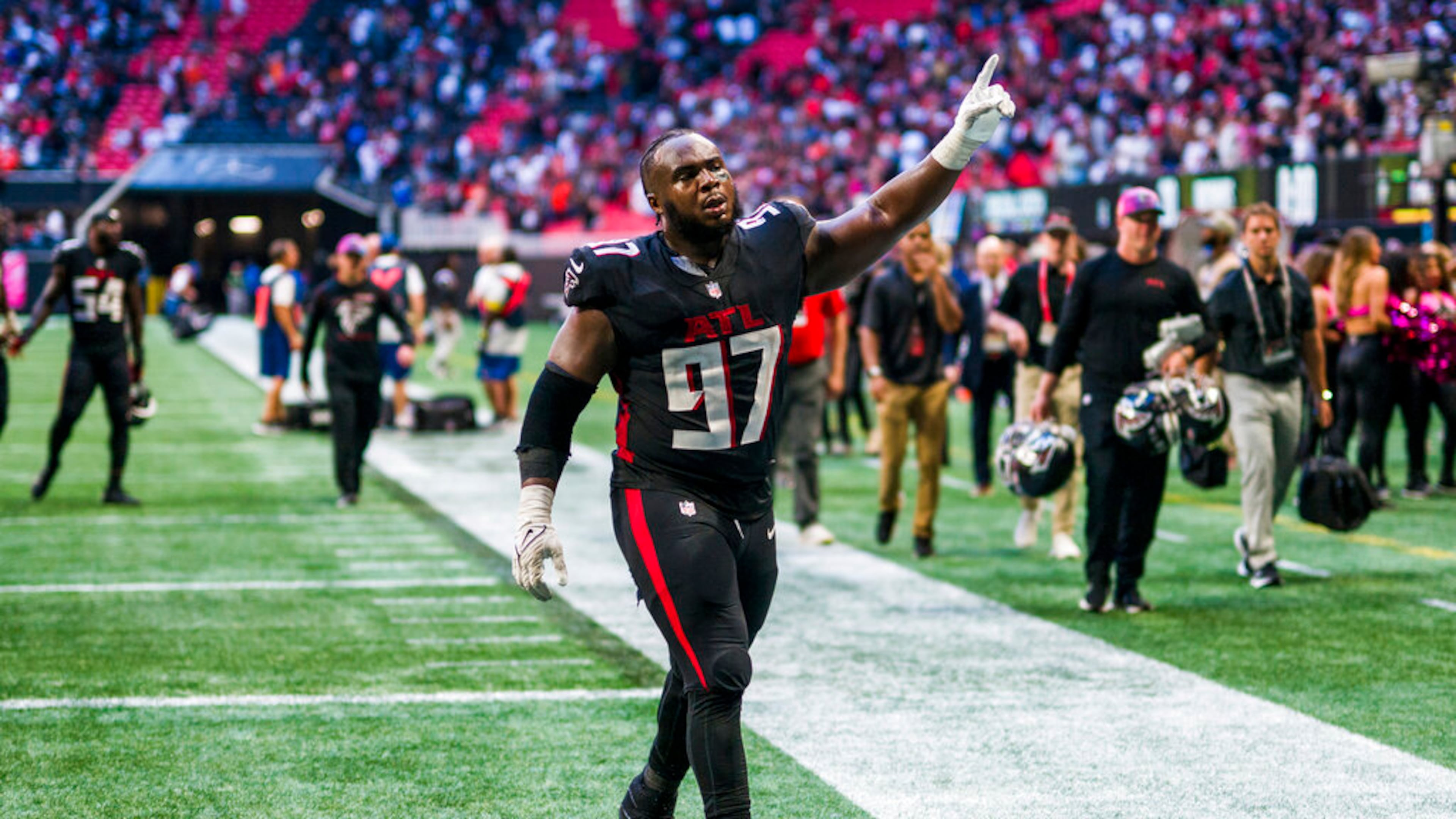 Atlanta Falcons defensive end Grady Jarrett walks off the field after a game against the Cleveland Browns, Sunday, Oct. 2, 2022, in Atlanta. Jarrett spent 10 years with the Falcons. (Danny Karnik/AP)