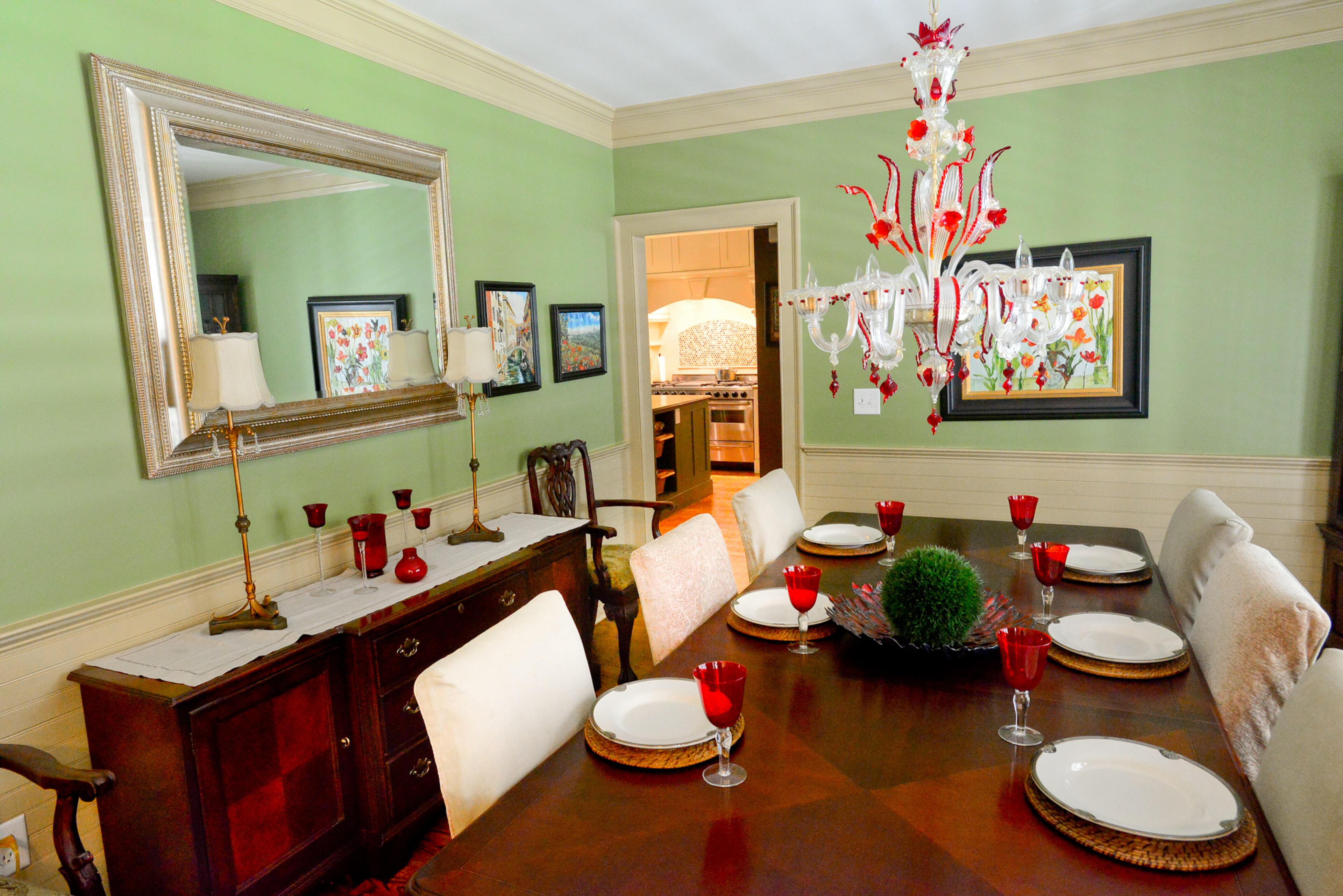 Sometimes vacation souvenirs are larger than expected. The Burns purchased the dining room chandelier on a vacation to Italy.