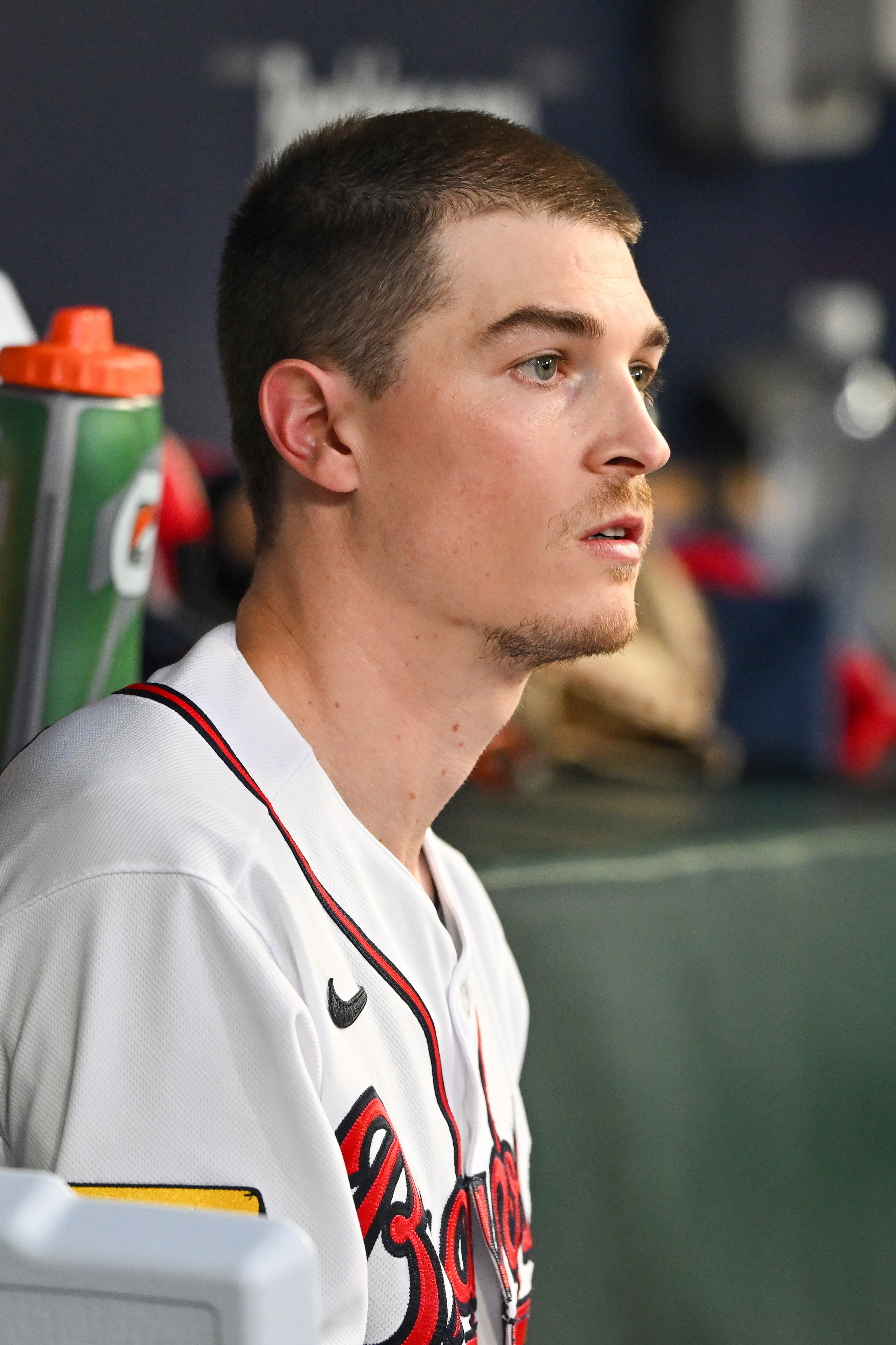 Atlanta Braves starting pitcher Max Fried (54) watches from the dugout during the third inning of NLDS Game 2 against the Philadelphia Phillies in Atlanta on Monday, Oct. 9, 2023. (Hyosub Shin / Hyosub.Shin@ajc.com)