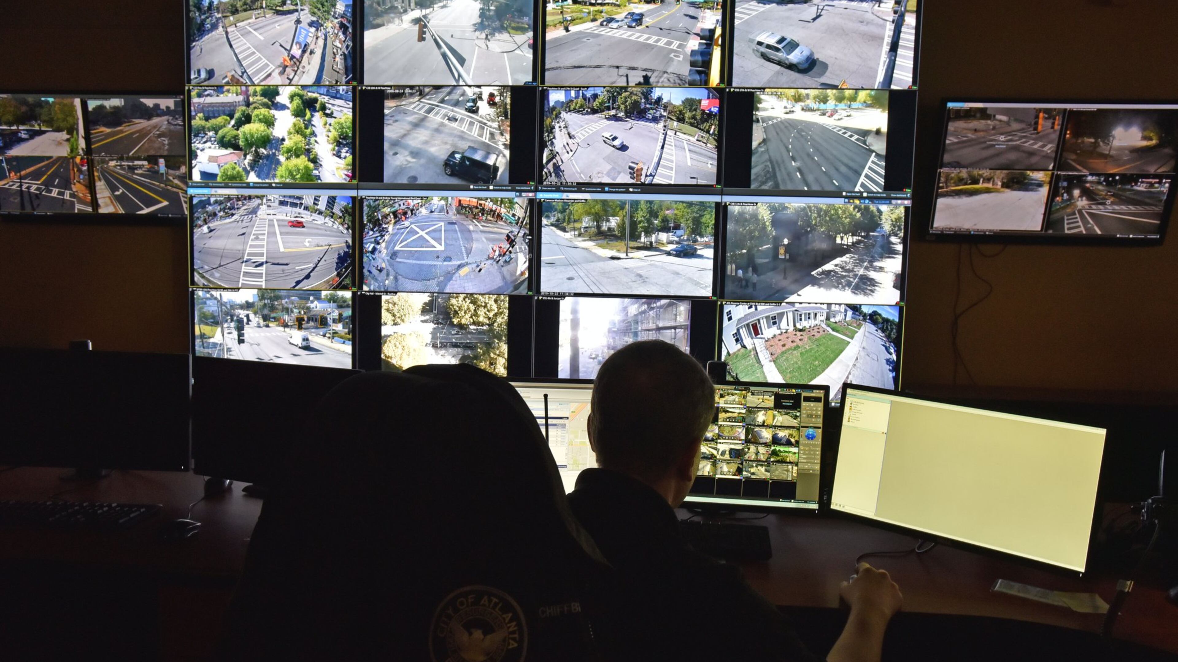 October 22, 2019 Atlanta - APD officer Charles Schiffbauer monitors surveillance cameras at Loudermilk Video Integration Center in Atlanta on Tuesday, October 22, 2019. If you’re in Atlanta, you’re probably on camera. Data from tech research firm Comparitech finds roughly 15 security cameras for every 1,000 residents, making us the only U.S. city to crack the top 10 in a study of the world’s most surveilled places. (Hyosub Shin / Hyosub.Shin@ajc.com)