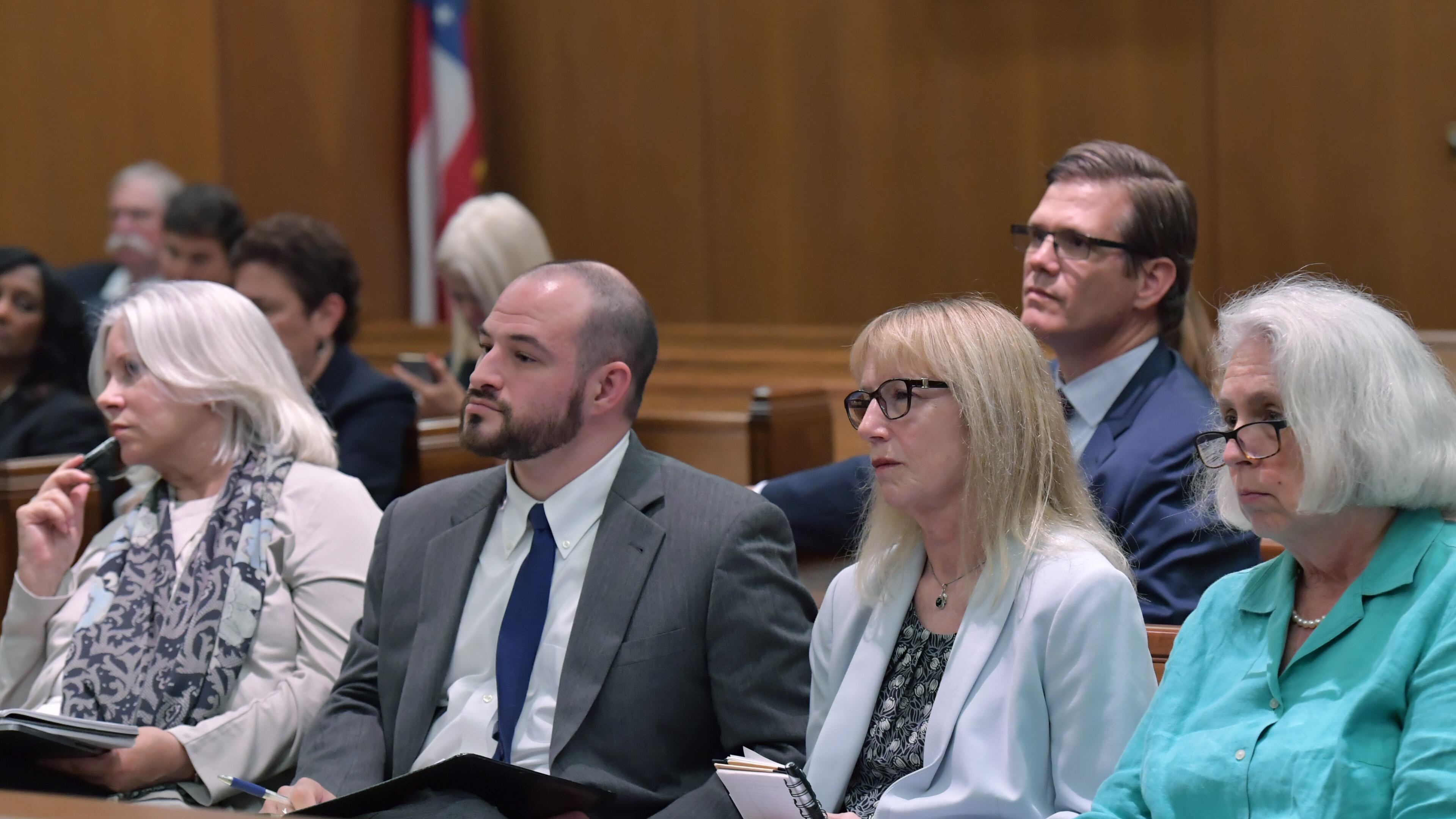May 7, 2019 Atlanta - From left: Plaintiff Marilyn Marks, attorney Justin Berger, plaintiff Rhonda Martin, plaintiff Smythe DuVal and plaintiff Jeanne DuFort listen during a hearing at Georgia Supreme Court on Tuesday, May 7, 2019. The Georgia Supreme Court is considering an appeal Tuesday of a case alleging tens of thousands of votes disappeared in the race for lieutenant governor. HYOSUB SHIN / HSHIN@AJC.COM