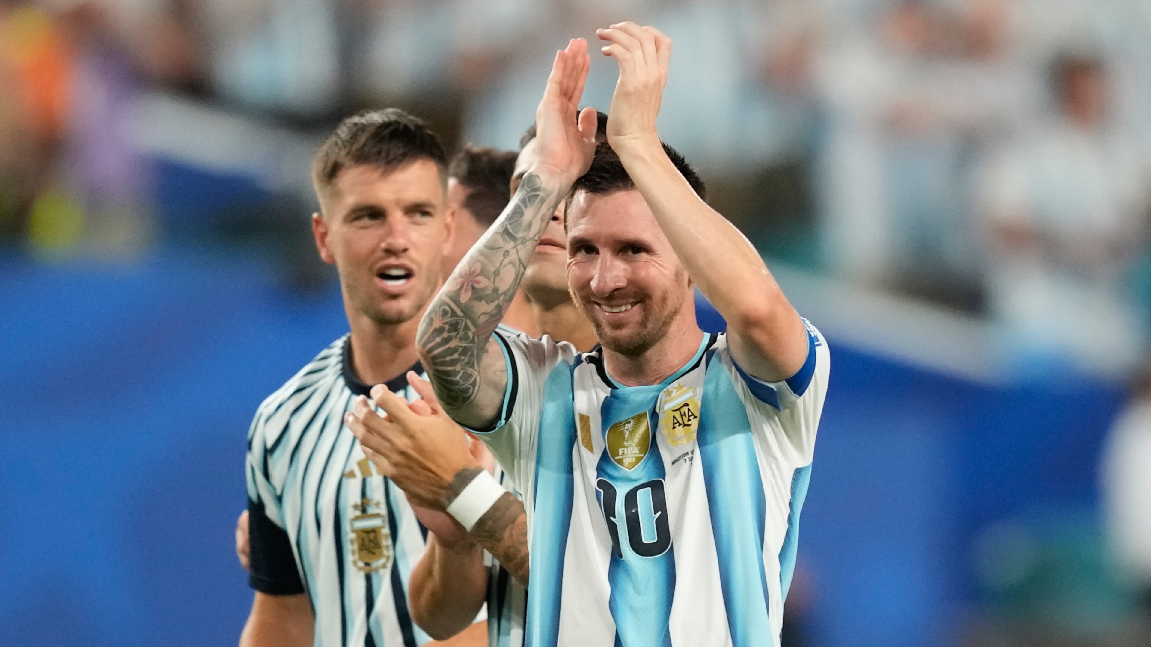 Argentina's Lionel Messi celebrates after the World Cup round of 32 soccer match against Cape Verde in Miami Gardens, Fla., Friday, July 3, 2026. (AP Photo/Rebecca Blackwell)