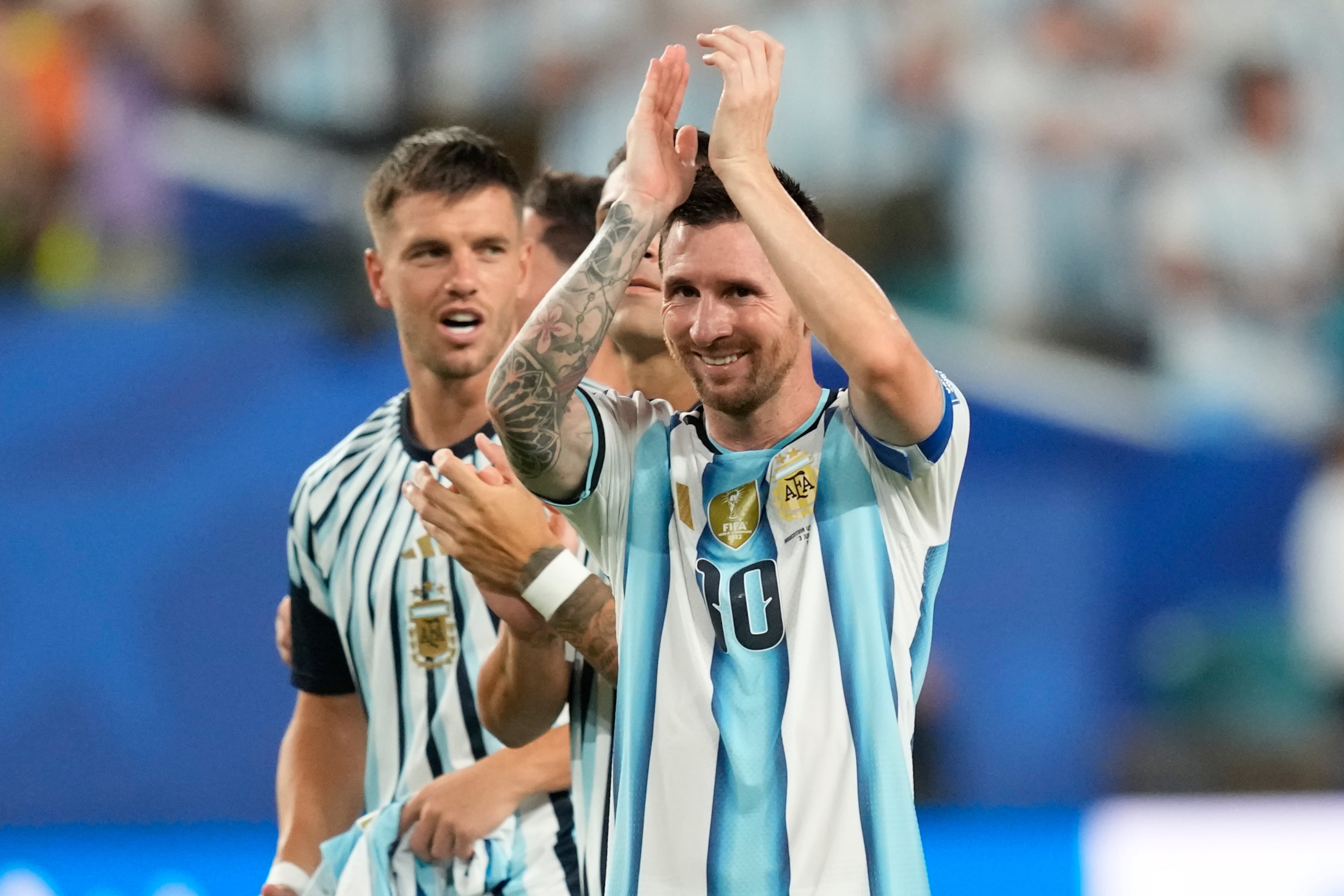 Argentina's Lionel Messi celebrates after a World Cup round of 32 soccer match against Cape Verde in Miami Gardens, Fla., last week. (Rebecca Blackwell/AP)