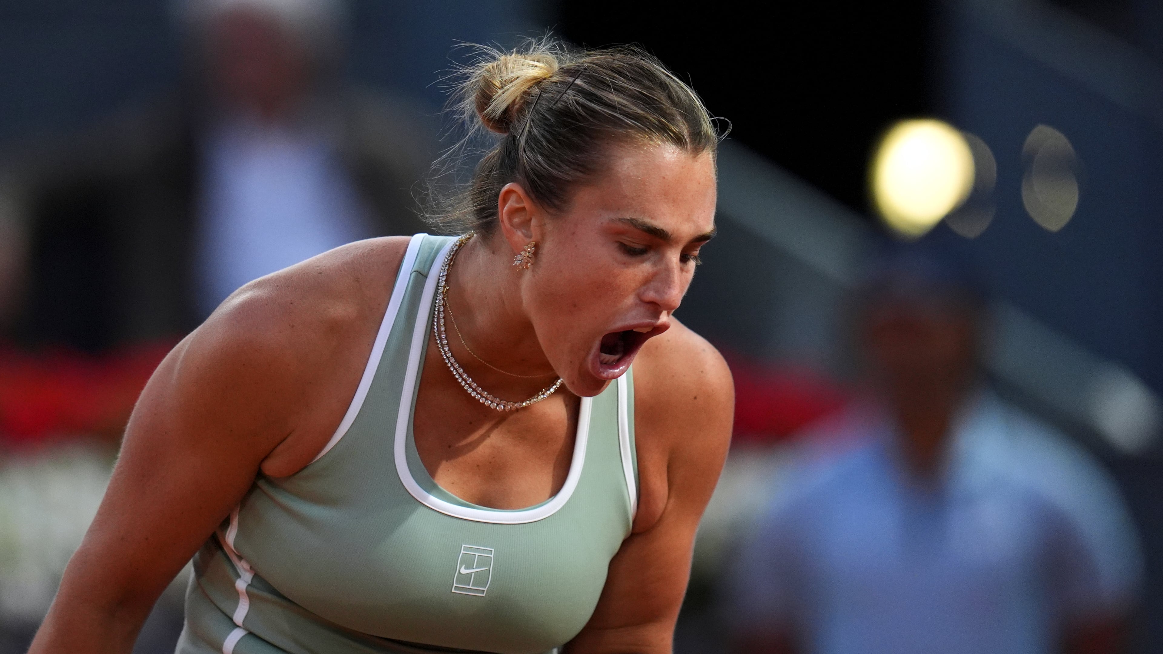 Aryna Sabalenka of Belarus celebrates a point during her match against Hailey Baptiste of the U.S. during the Madrid Open tennis tournament in Madrid, Tuesday, April 28, 2026. (AP Photo/Manu Fernandez)