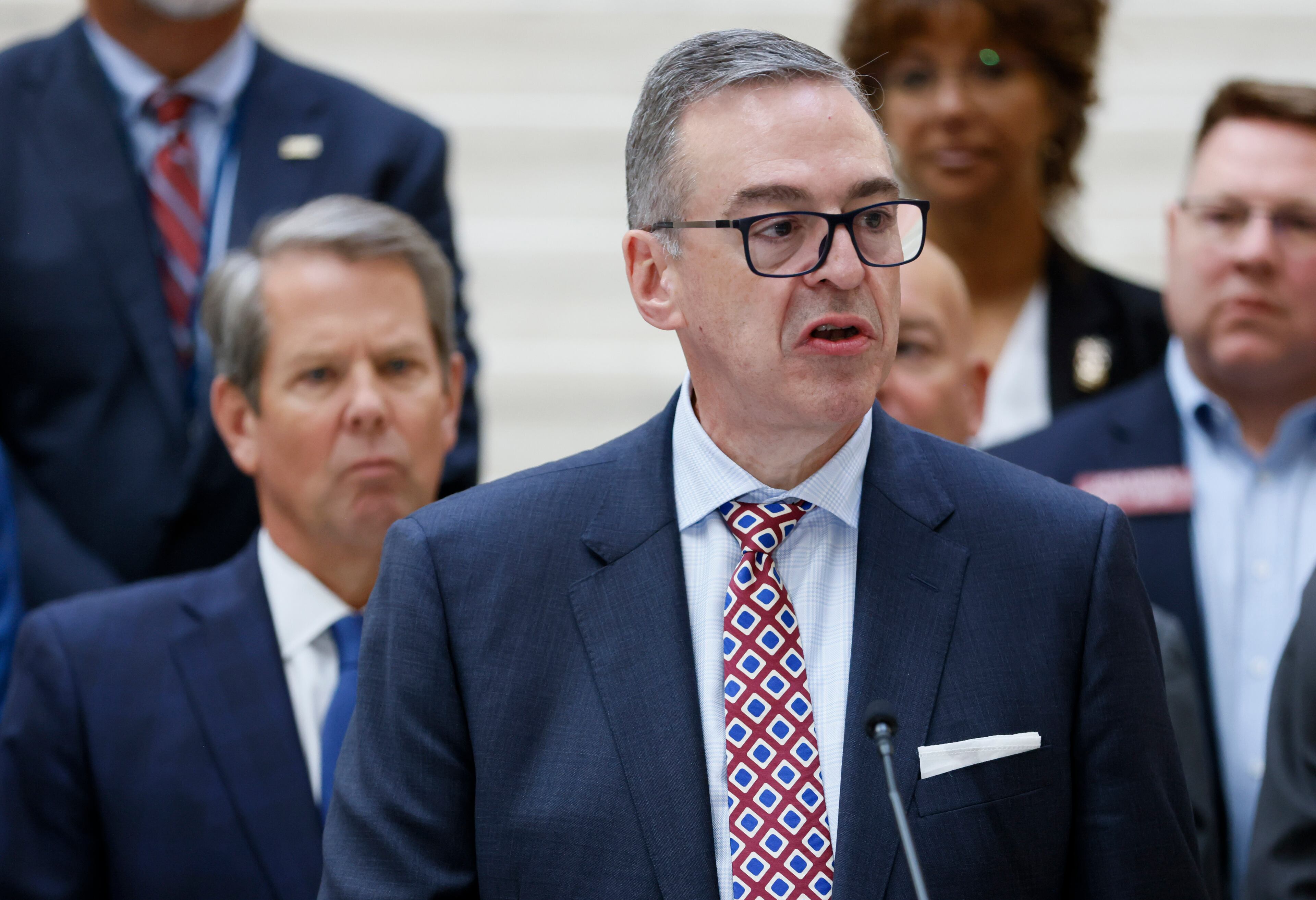 Grady Health CEO John Haupert comments on the plan. Fulton County Commission Chair Robb Pitts, DeKalb County CEO Mike Thurmond, Grady Health CEO John Haupert and others, joined Gov. Brian Kemp as he announced his plan to provide a $130 million cash infusion to Grady Health System during a press conference at the Georgia Capitol in Atlanta on Thursday, September 15, 2022. (Bob Andres for the Atlanta Journal Constitution)
