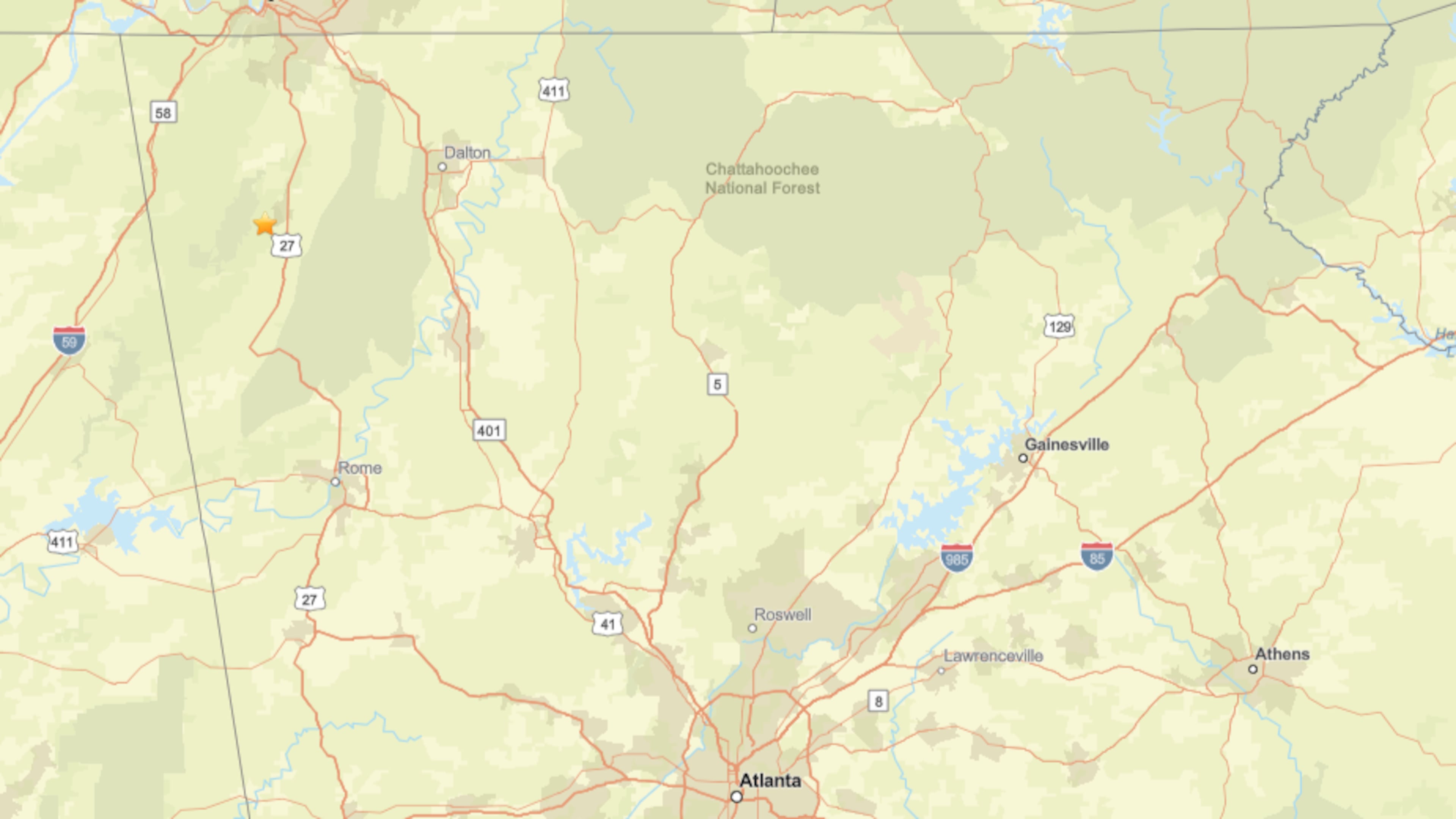 The earthquake originated Sunday in Walker County in northwest Georgia. (Courtesy of United States Geological Survey)