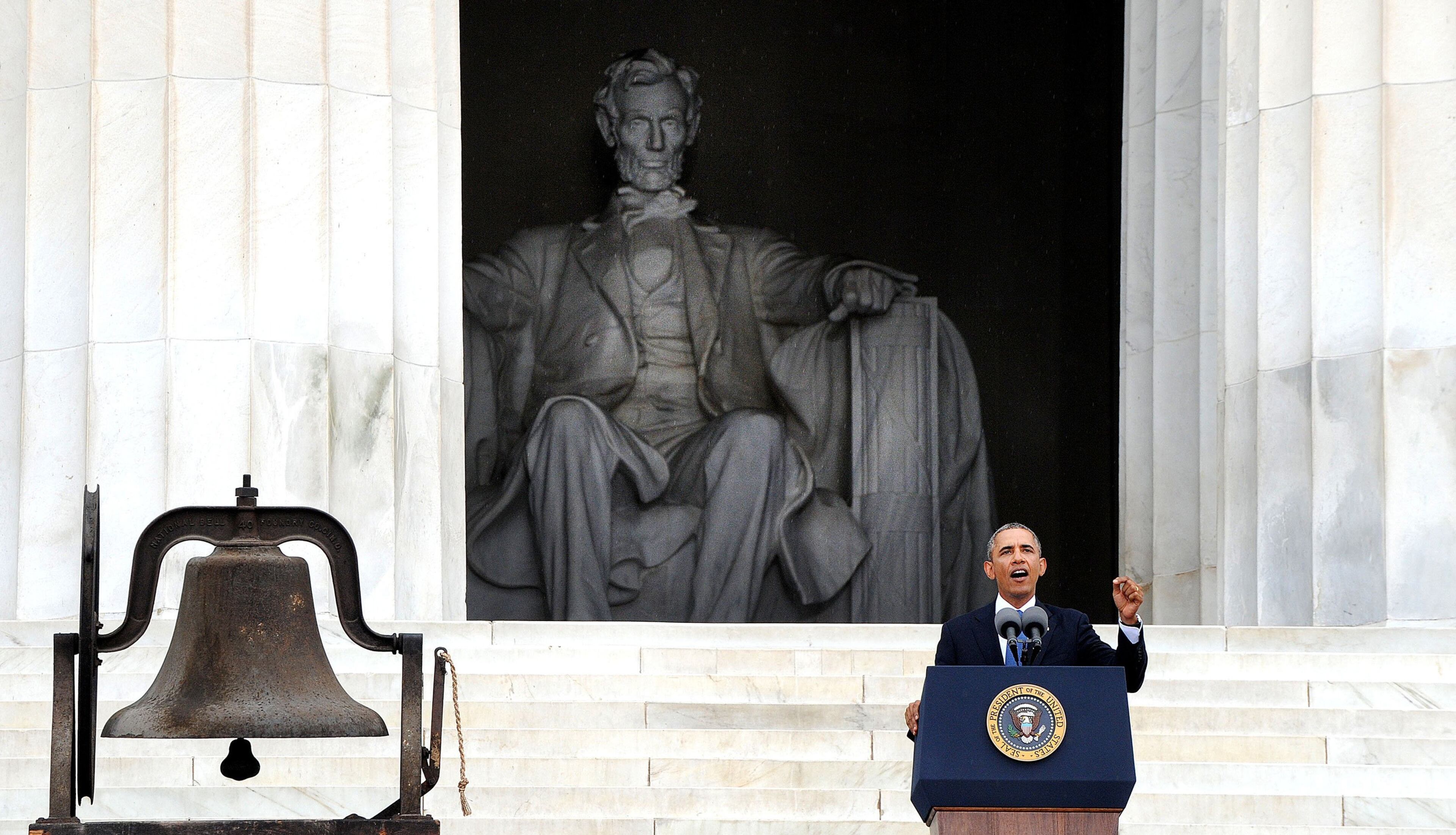 President Barack Obama delivers remarks at the "Let Freedom Ring" ceremony to commemorate the 50th anniversary of the March on Washington for Jobs and Freedom at the Lincoln Memorial on the National Mall on August 28, 2013 in Washington, D.C. (Olivier Douliery/Abaca Press/MCT)