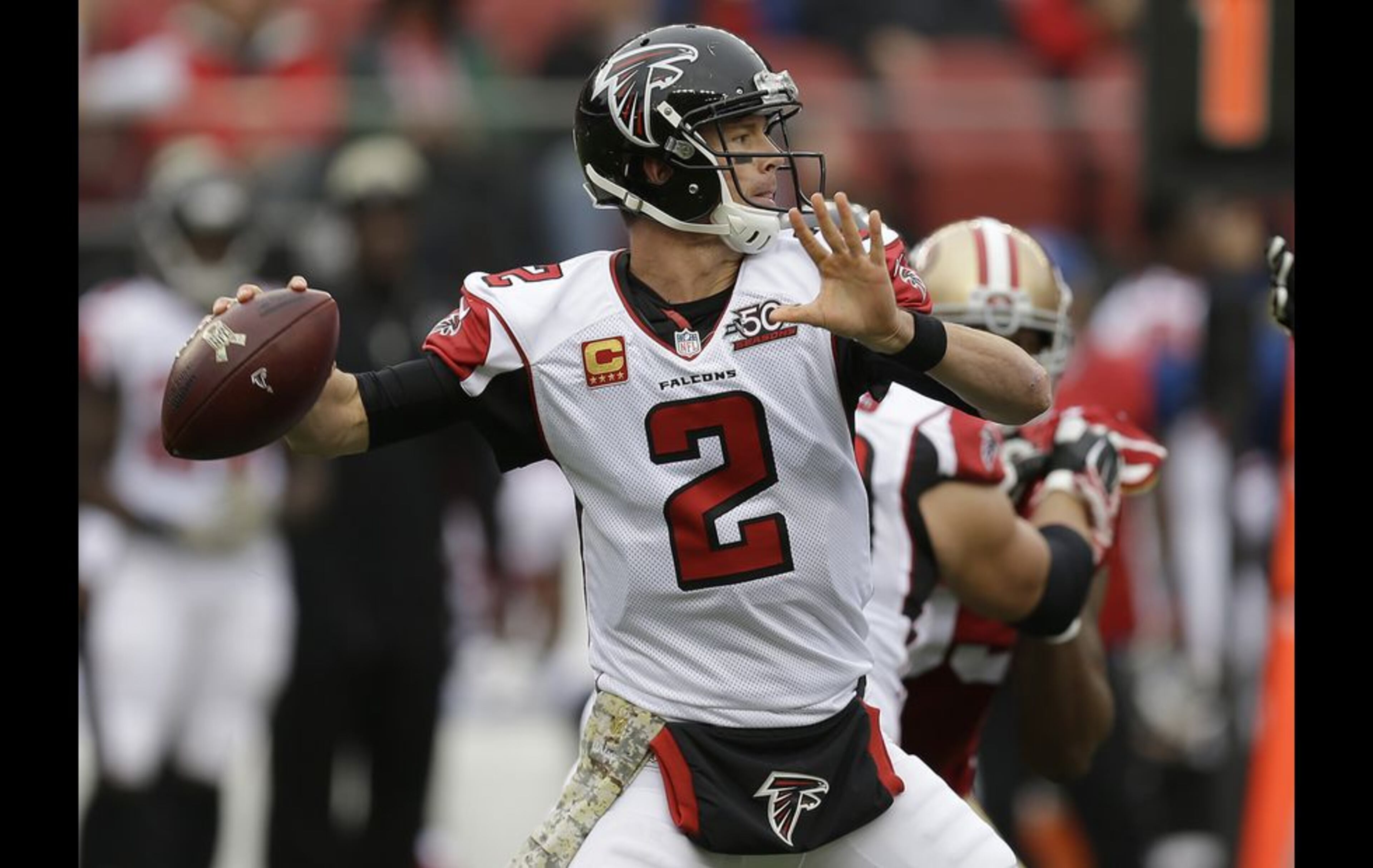 Atlanta Falcons quarterback Matt Ryan (2) passes against the San Francisco 49ers during the first half of an NFL football game in Santa Clara, Calif., Sunday, Nov. 8, 2015. (AP Photo/Ben Margot)
