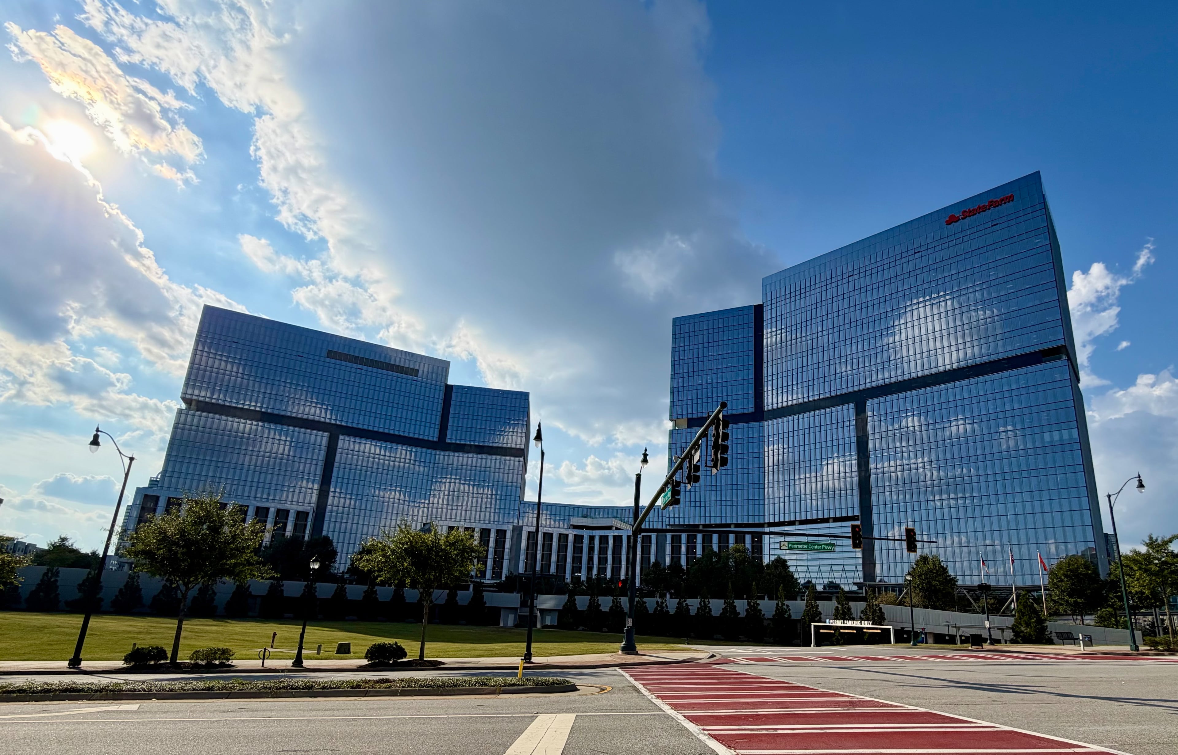The Park Center 2 and 3 towers in Dunwoody, which are occupied by insurance giant State Farm, have been listed for sale. The site includes zoning to add apartments and a hotel. The towers were photographed Monday, Sept. 21, 2026. (J. Scott Trubey/AJC)