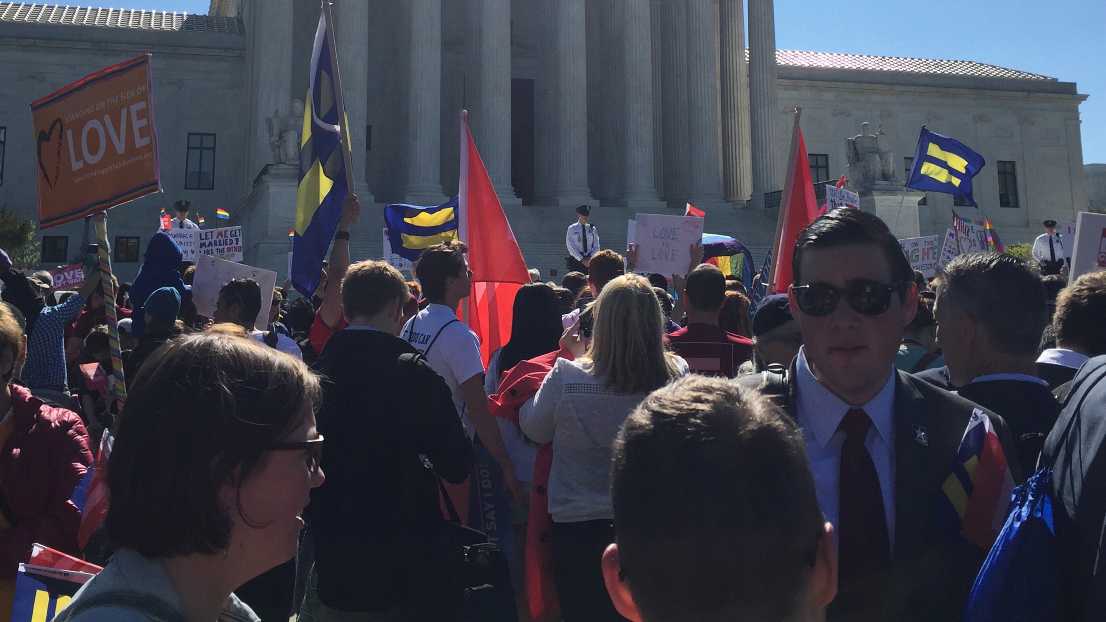 Crowds form at the Supreme Court in Washington, D.C., on Tuesday, April 28, 2015, in anticipation of arguments in a landmark case to determine whether states can ban same-sex marriage. (Sean Cockerham/McClatchy DC/TNS) Protesters outside the Supreme Court in April, when the same-sex marriage case was being argued. (Photo: Sean Cockerham / McClatchy)