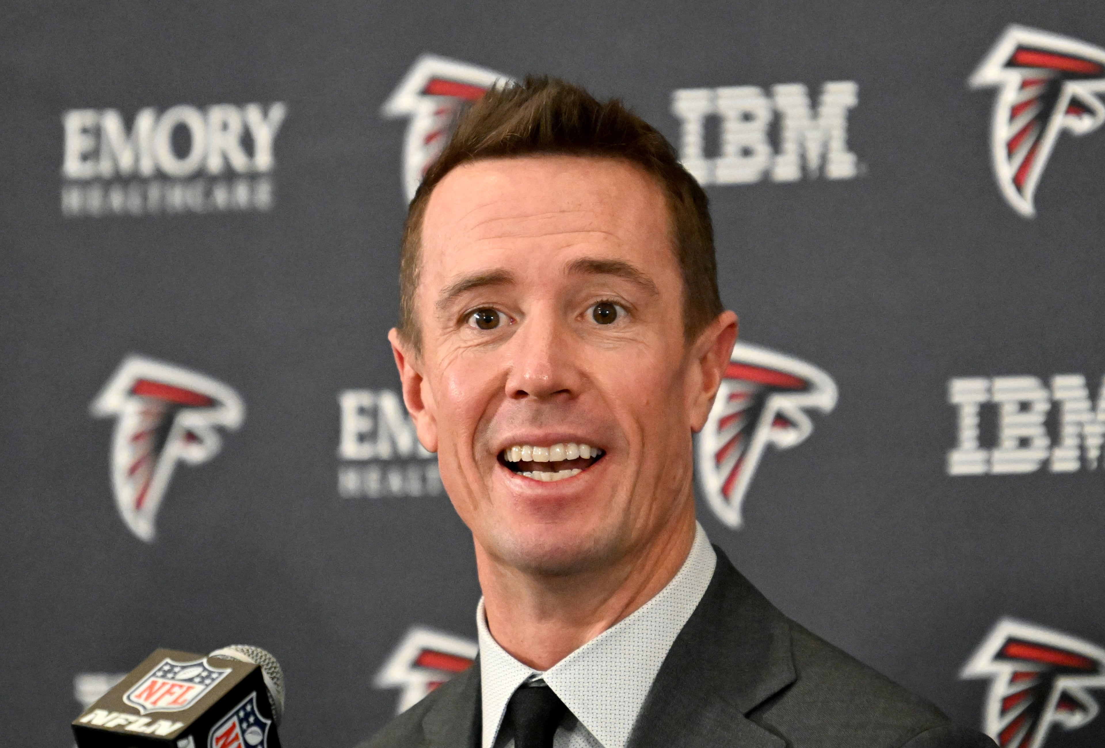 New Atlanta Falcons president of football Matt Ryan speaks to members of the press during a news conference to introduce Ryan as the Falcons' president of football, Tuesday, Jan. 13, 2026, in Flowery Branch. (Hyosub Shin/AJC)