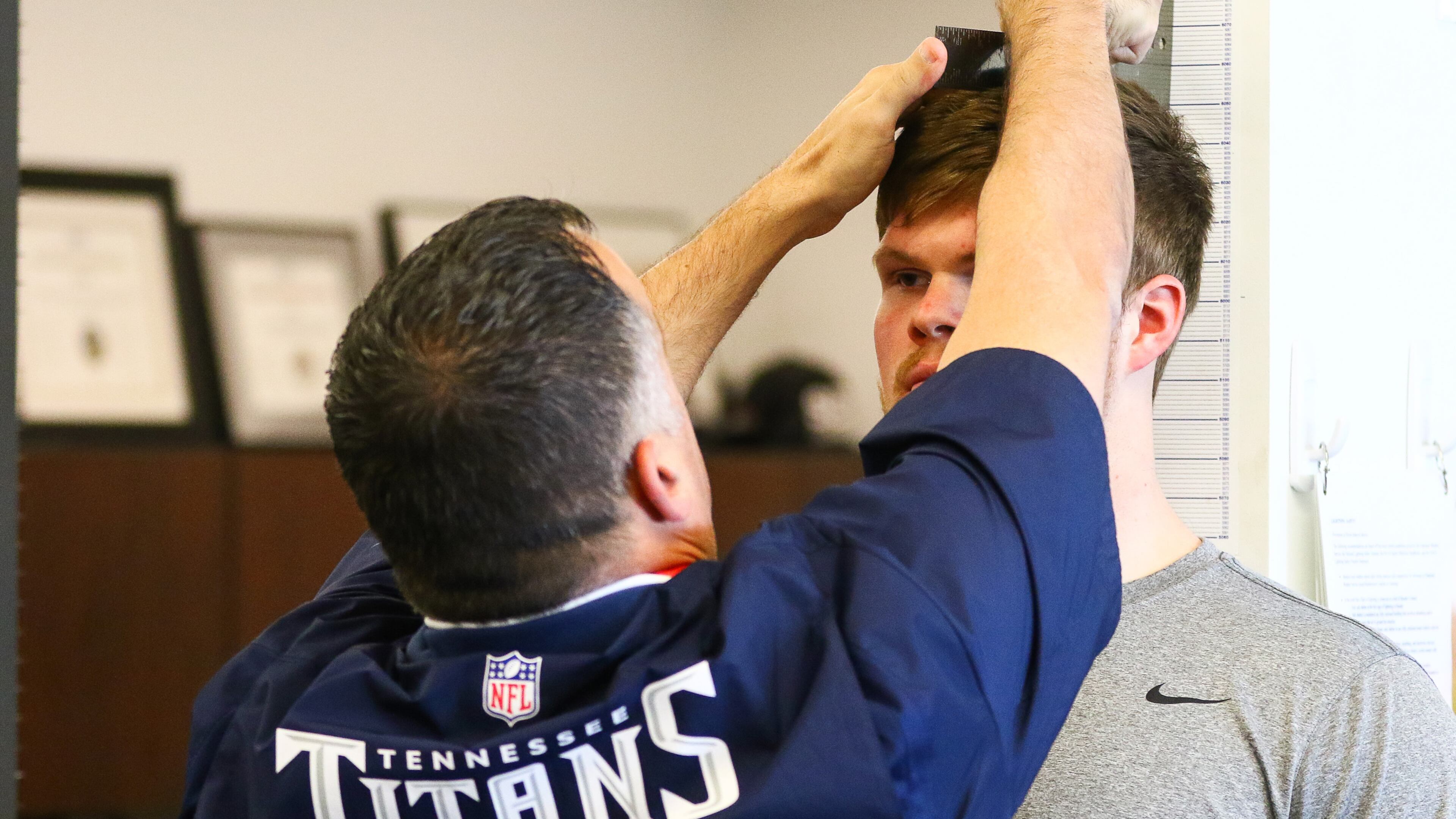 Georgia tight end Jackson Harris (88) has his height measured at Georgia's Pro Day Wednesday, March 20, 2019, in Athens.