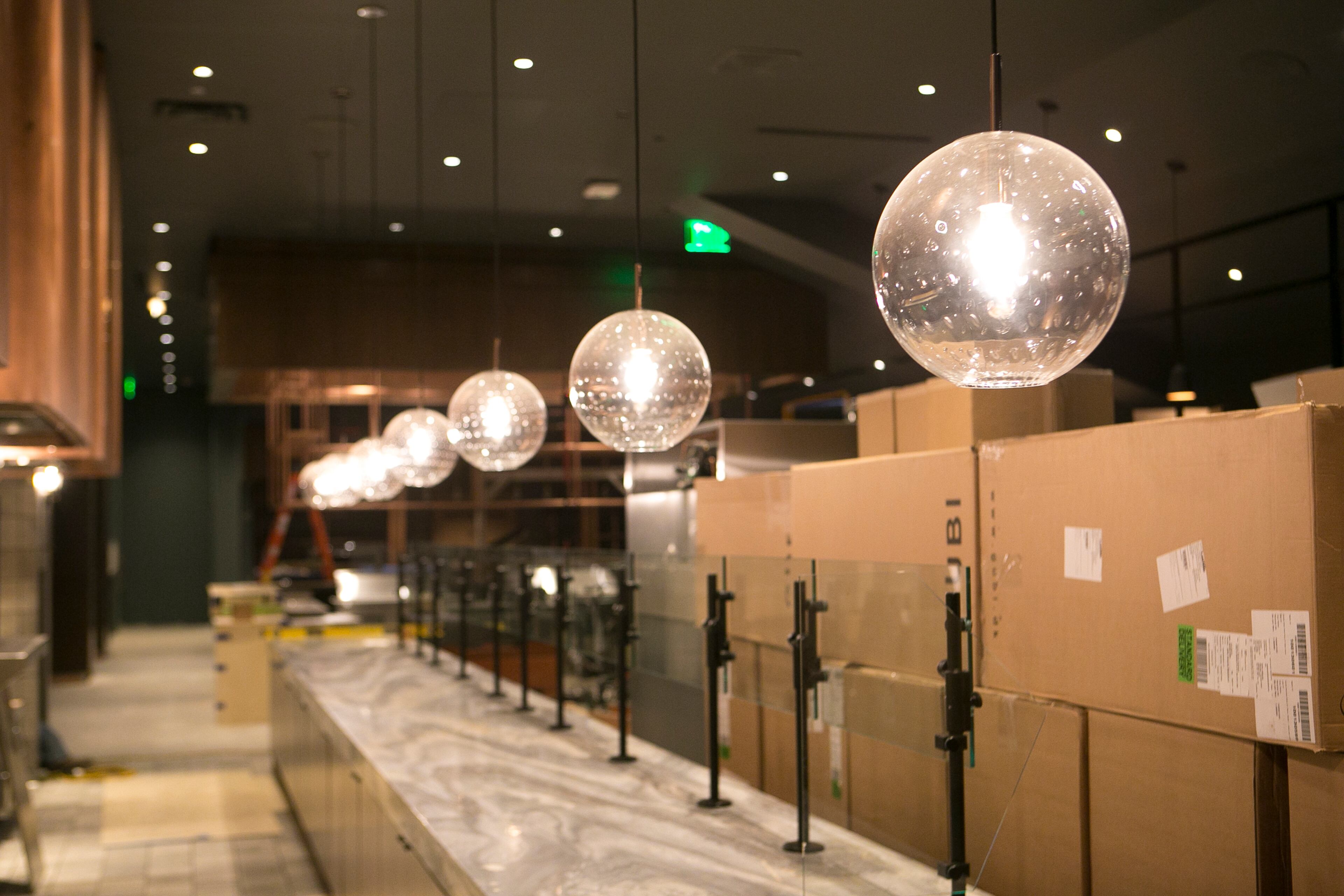 Details from the Chefs Club area are seen during a guided media tour through the in-progress renovations at the State Farm Arena in Atlanta, Ga., on Thurs., Sept. 20, 2018. The renovations, which total $192.5 million, are on track to be completed by the arena's scheduled open house on October 20. The current rate of progress is about $1 million of work per day, according to Brett Stefansson, Atlanta Hawks executive vice president and general manager of State Farm Arena. (CASEY SYKES, CASEYLANESYKES@GMAIL.COM)