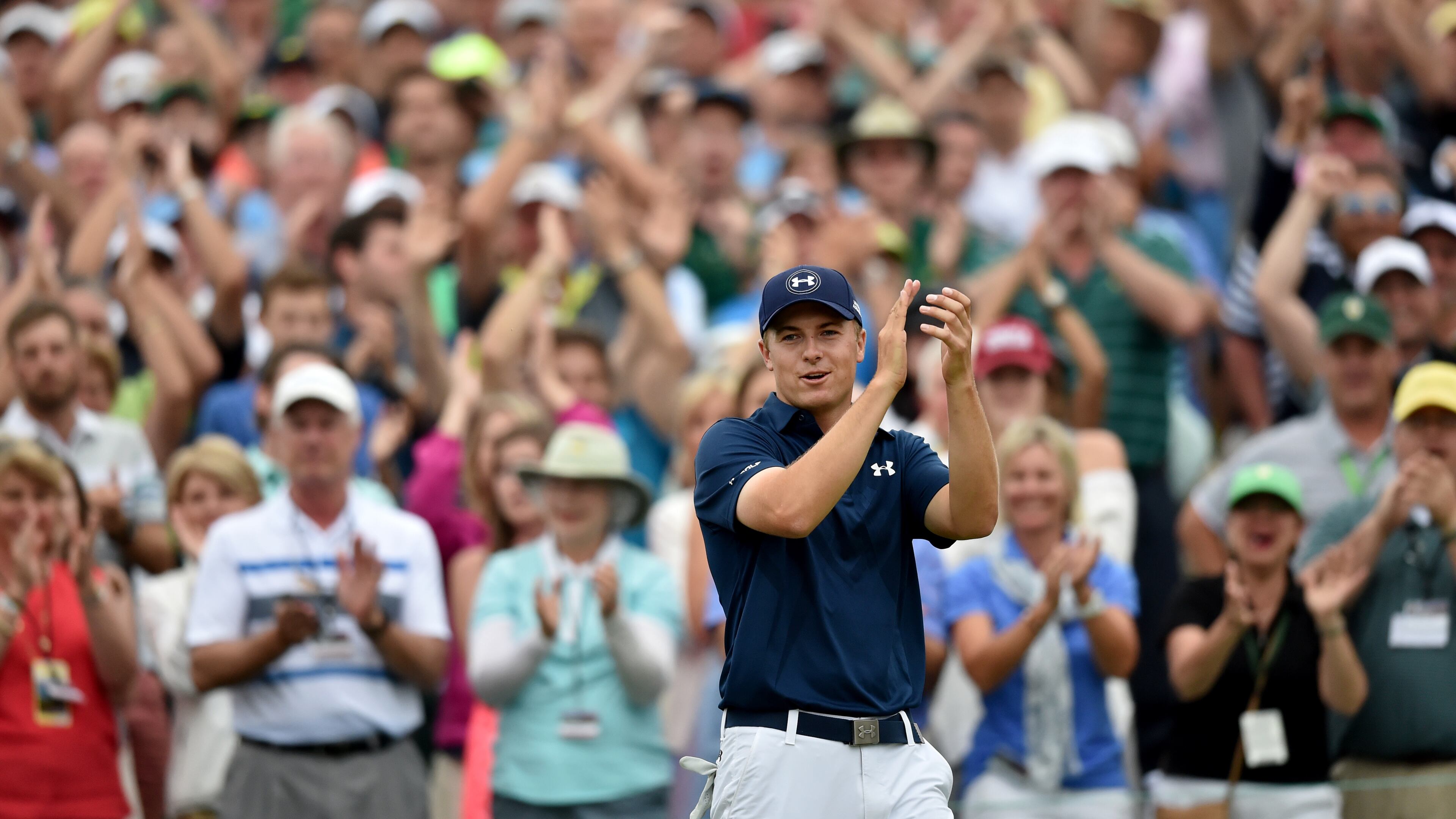 April 12, 2015 Augusta,GA: Jordan Spieth celebrates after winning the 2015 Masters at Augusta National Sunday April 12, 2015. BRANT SANDERLIN/BSANDERLIN@AJC.COM Jordan Spieth did improbable things at Augusta National this week. (Brant Sanderlin, AJC)