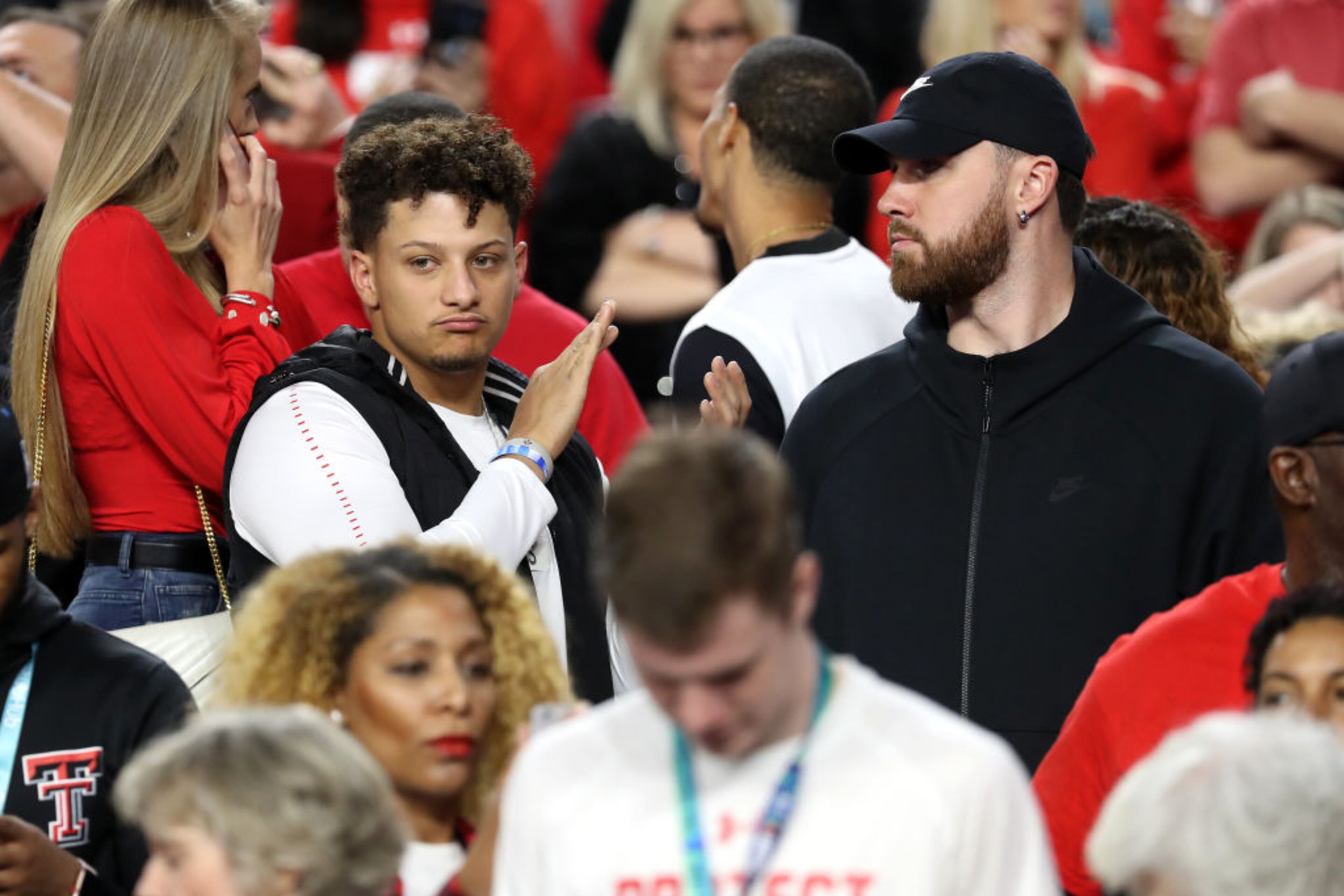 NFL players Patrick Mahomes and Travis Kelce looks on prior to the 2019 NCAA men's Final Four National Championship game between the Virginia Cavaliers and the Texas Tech Red Raiders at U.S. Bank Stadium on April 08, 2019 in Minneapolis, Minnesota.