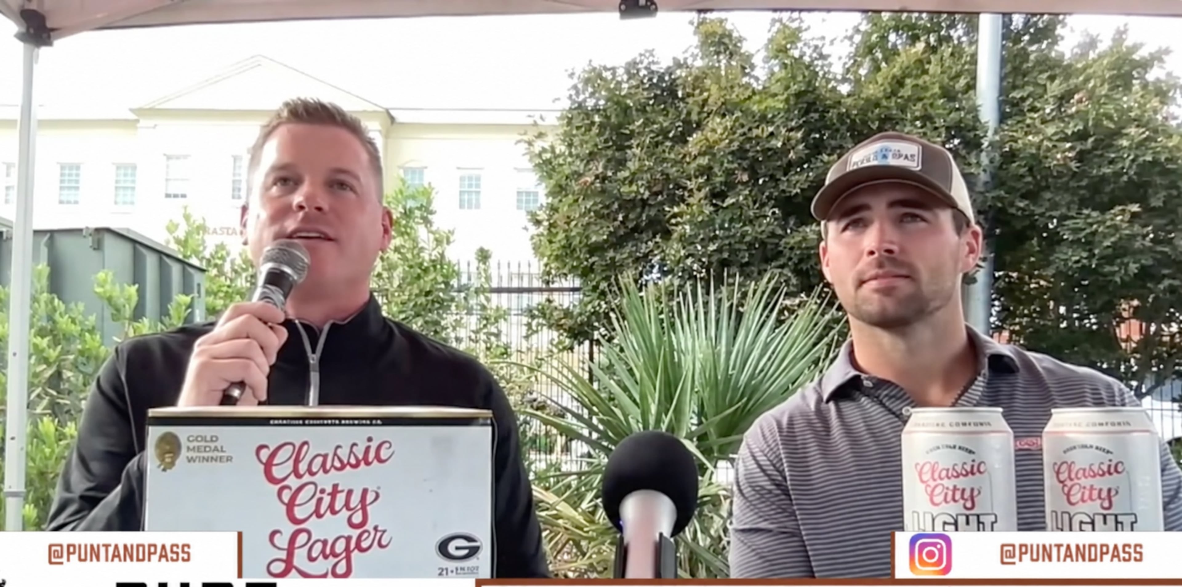 Former UGA football players Drew Butler (left) and Jake Fromm filming their podcast, "Punt & Pass Podcast." In honor of the podcast's 10th anniversary, Creature Comforts created a limited-run Punt & Pass lager. (Courtesy of Creature Comforts)