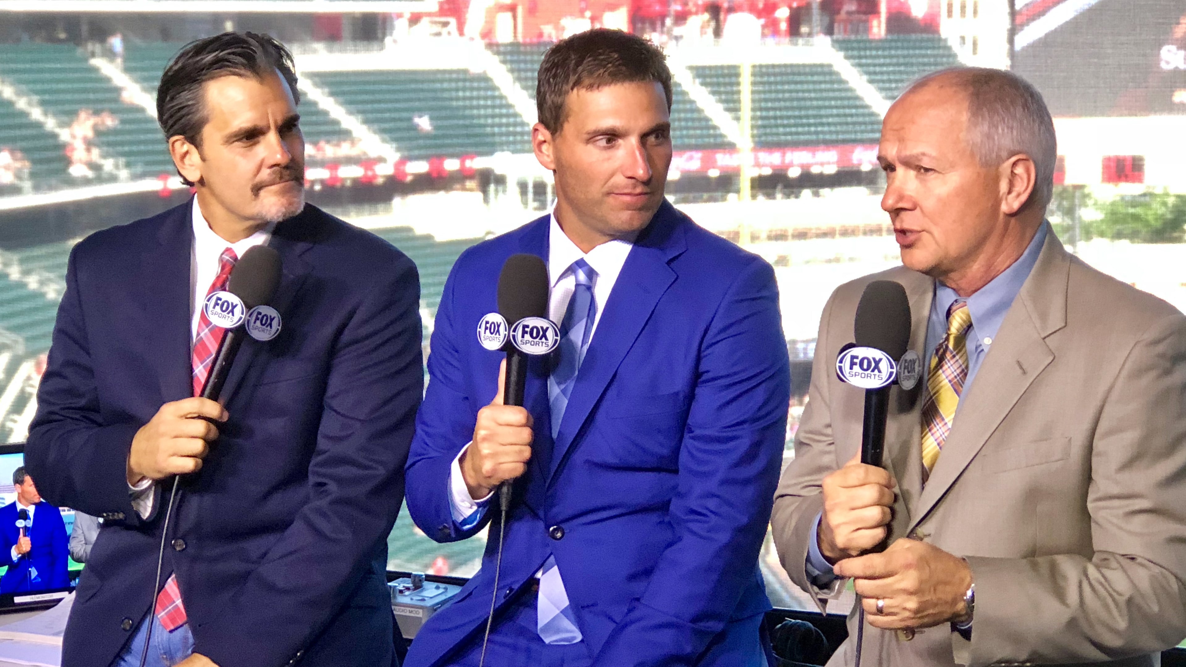 Jeff Francoeur, center, stakes out his spot in the Braves broadcast booth with Chip Caray and Joe Simpson (Photo courtesy Fox Sports South)