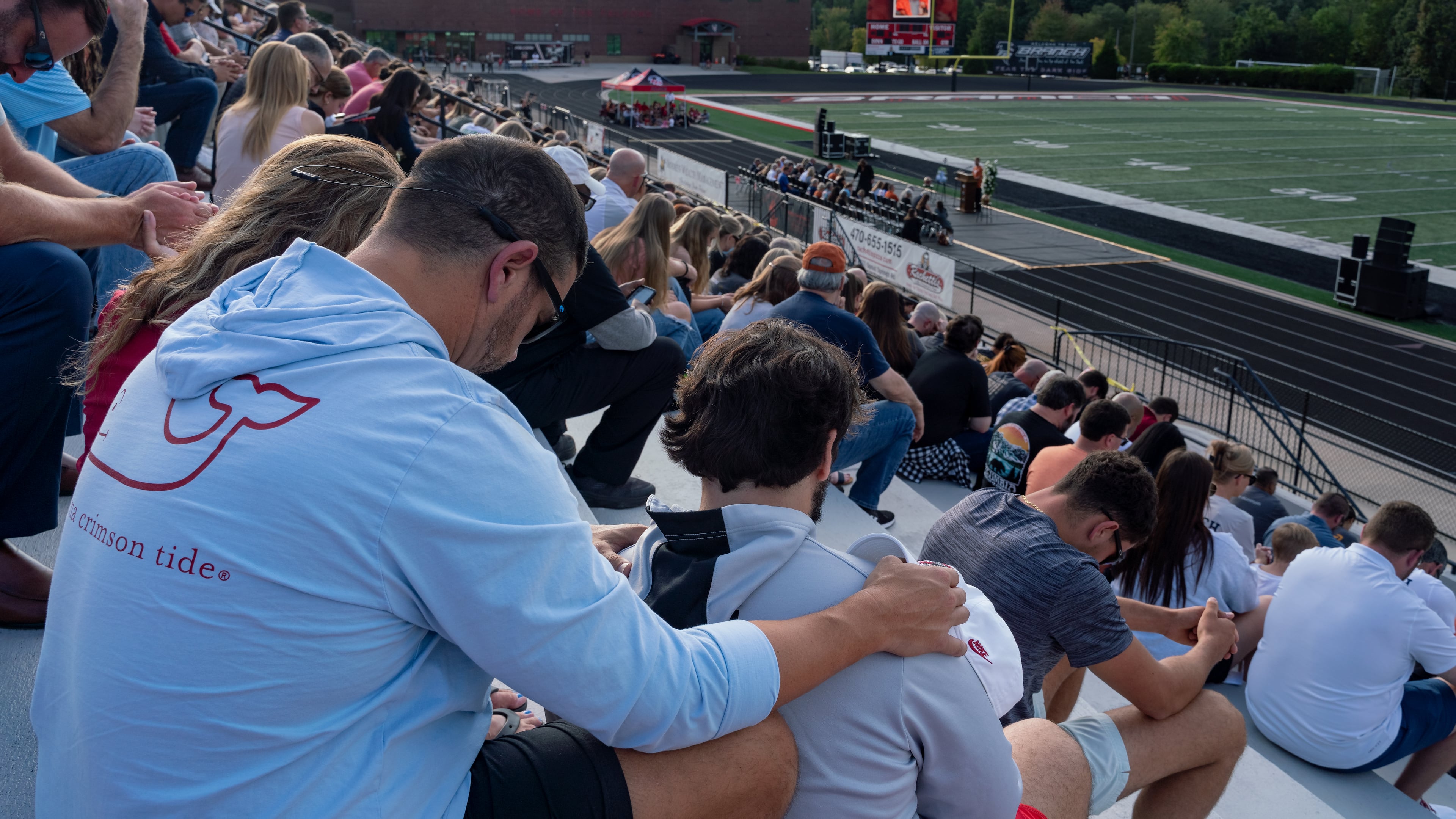 Hundreds gather Sunday at Flowery Branch High School to celebrate the life of Ricky Aspinwall II. Aspinwall was one of the four people killed during the mass shootings at Apalachee High School in Barrow County. (Ben Hendren for The Atlanta Journal-Constitution)