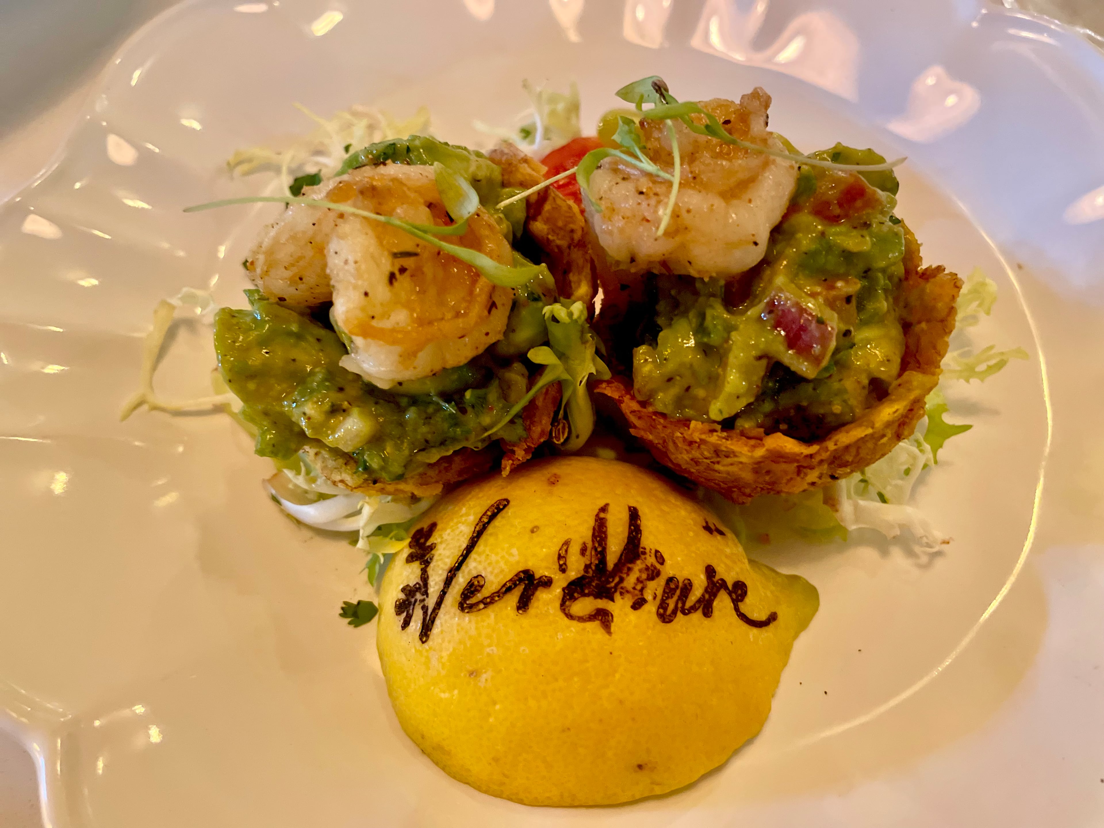 Shrimp and avocado plantain bites at Verdure Kitchen & Cocktails are tasty treats in tiny packages. (Angela Hansberger for the AJC)