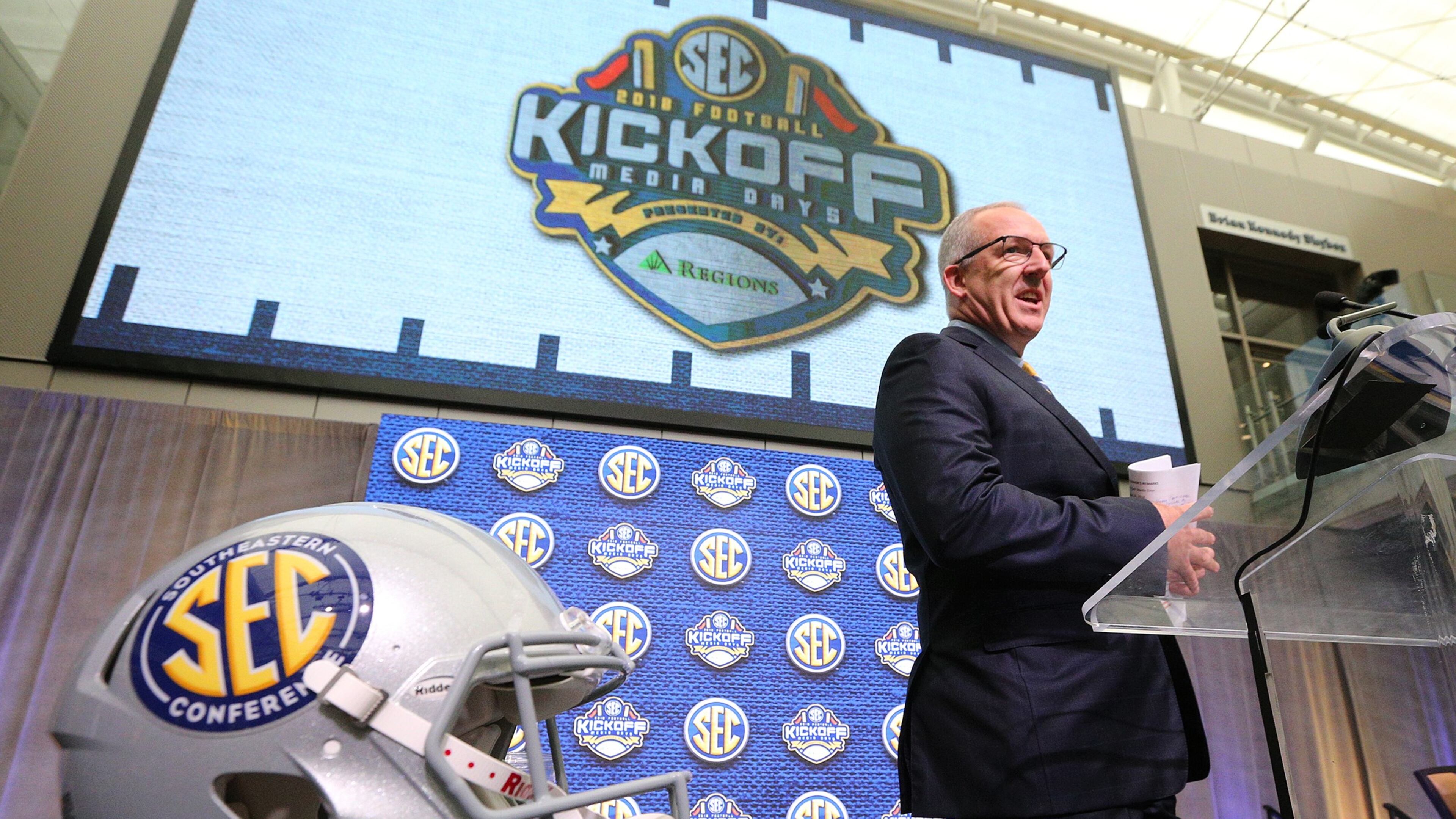 July 16, 2018 Atlanta: Commissioner Greg Sankey opens SEC Media Days at the College Football Hall of Fame on Monday, July 16, 2018, in Atlanta. Curtis Compton/ccompton@ajc.com