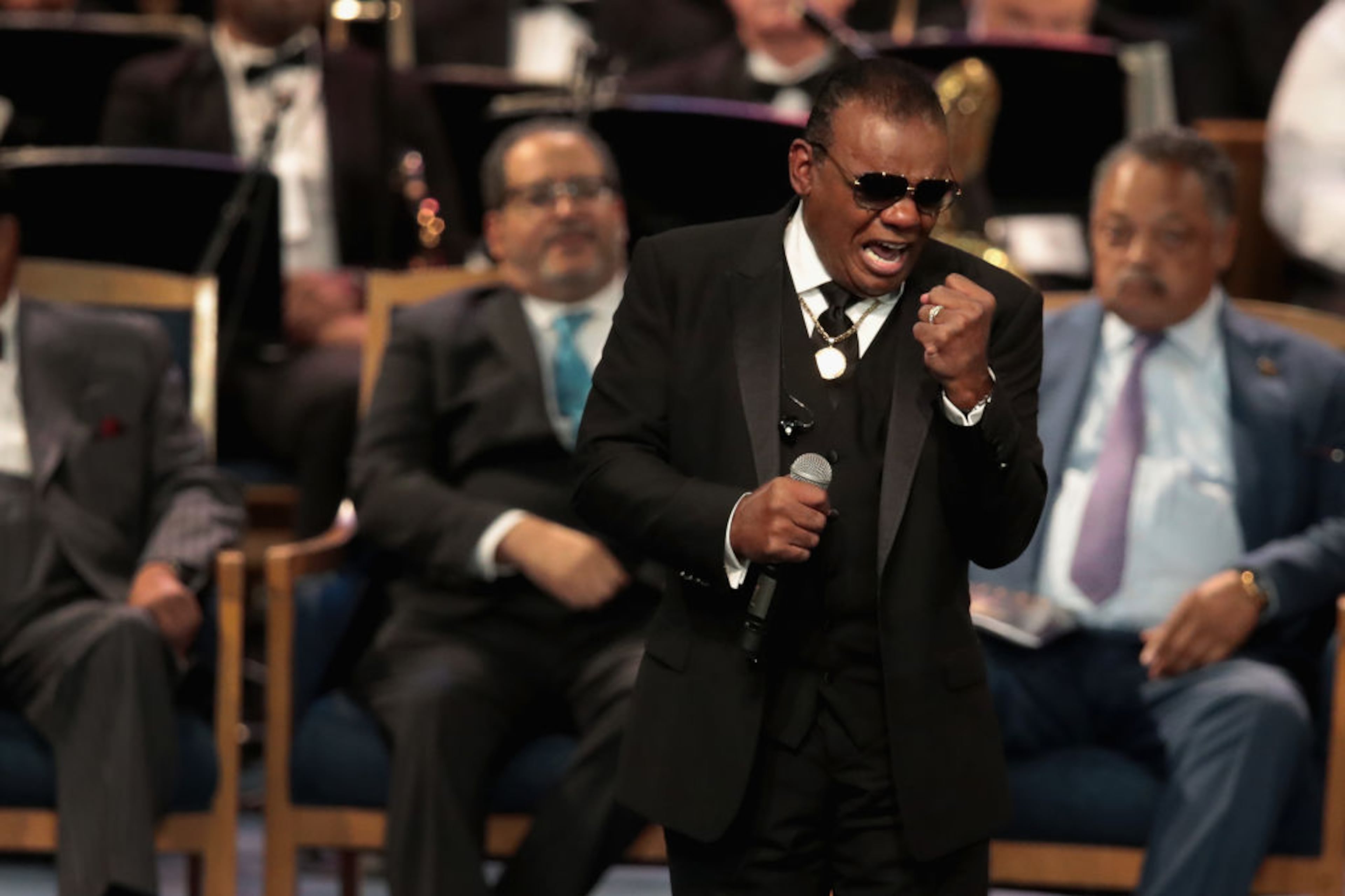 DETROIT, MI - AUGUST 31: Singer Ron Isley performs at the funeral for Aretha Franklin at the Greater Grace Temple on August 31, 2018 in Detroit, Michigan. Franklin died at the age of 76 at her home in Detroit on August 16. (Photo by Scott Olson/Getty Images)