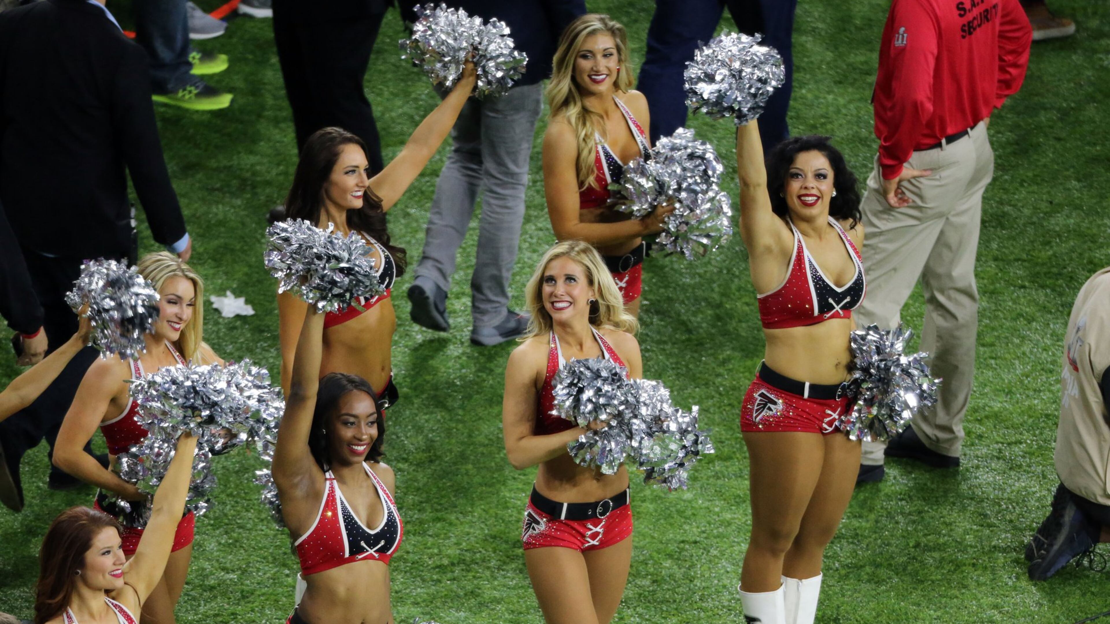 FEBRUARY 5, 2017 HOUSTON TX Falcons cheerleaders on the sideline. The Atlanta Falcons meet the New England Patriots in Super Bowl LI at NRG Stadium in Houston, TX, Sunday, February 5, 2017. John Spink/AJC