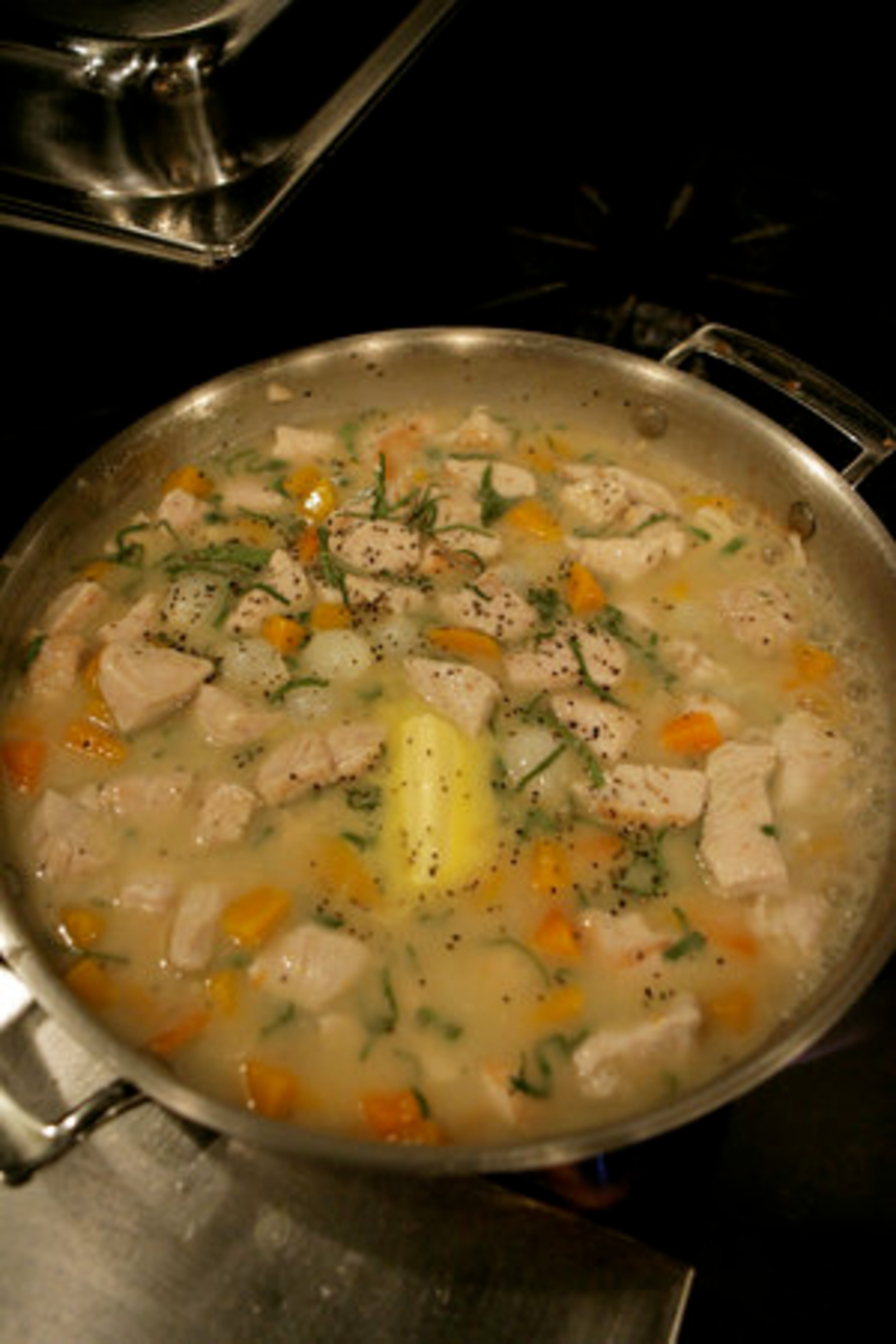 After browning cubed turkey, add squash, onions and other ingredients and leave the stew to simmer. That will give you time to steam dumplings and to make dessert. 1:06:56 PM