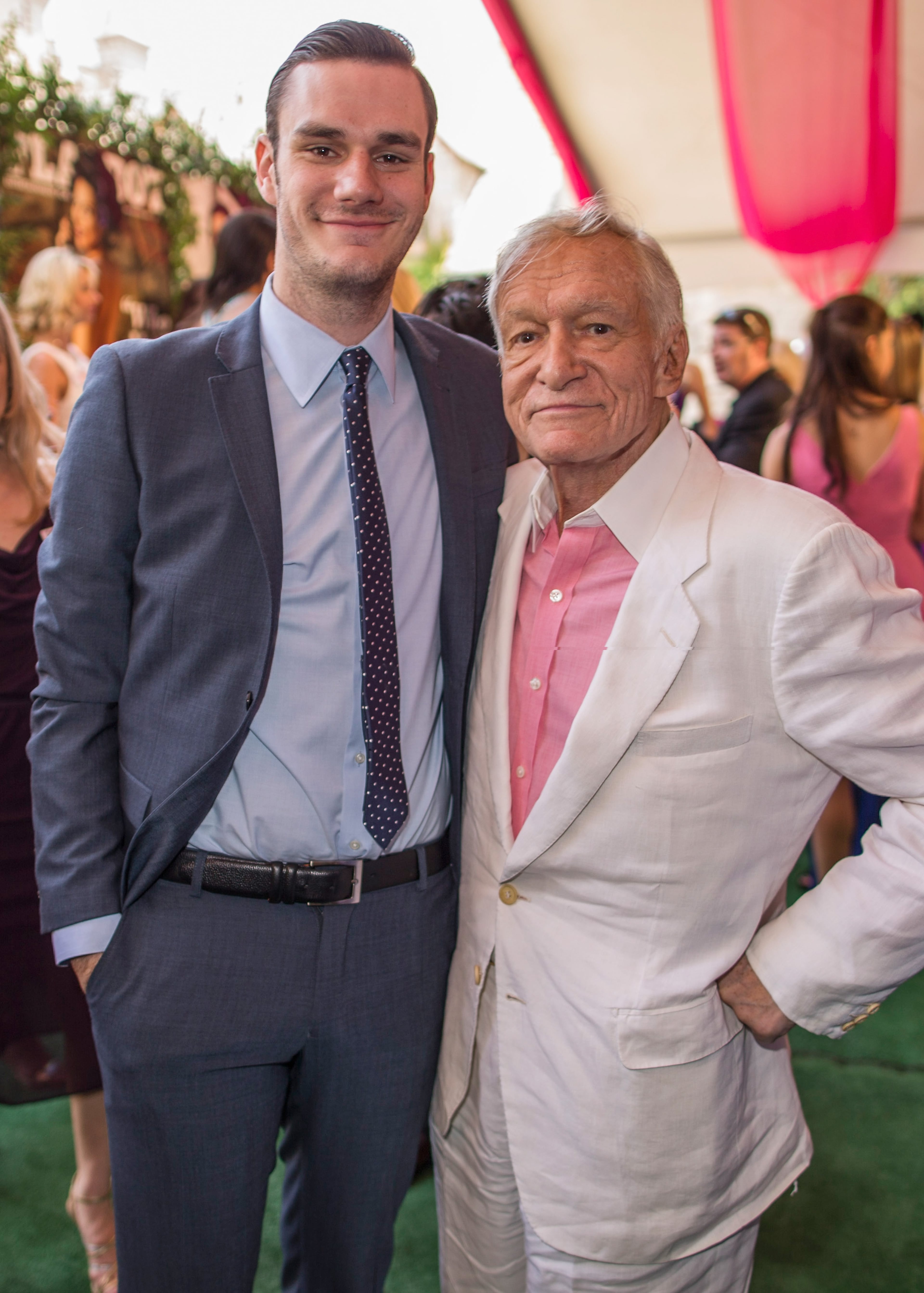 Cooper Hefner and Hugh Hefner attend Playboy's 2013 Playmate Of The Year luncheon honoring Raquel Pomplun at The Playboy Mansion on May 9, 2013 in Holmby Hills, California. (Photo by Christopher Polk/Getty Images for Playboy)