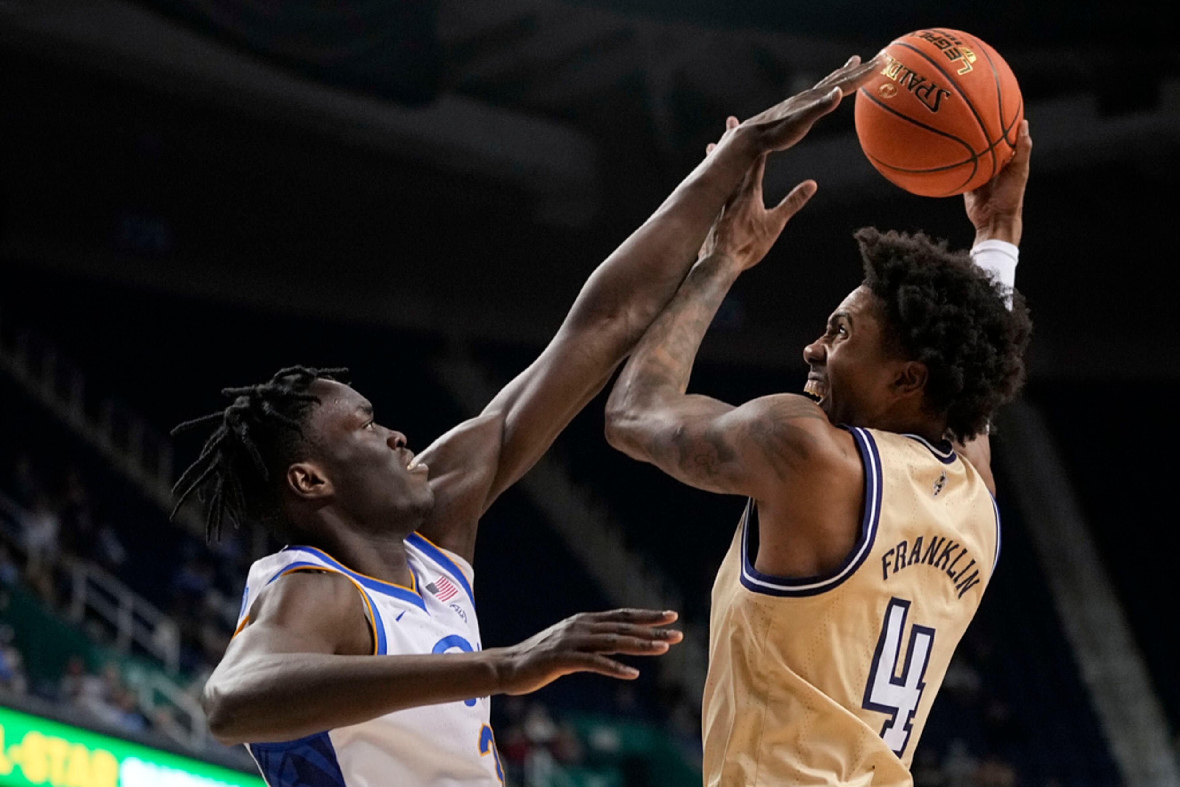 Pittsburgh center Federiko Federiko blocks a shot by Georgia Tech forward Javon Franklin during the first half of an NCAA college basketball game at the Atlantic Coast Conference Tournament, Wednesday, March 8, 2023, in Greensboro, N.C. Georgia Tech lost 89-81. (AP Photo/Chris Carlson)