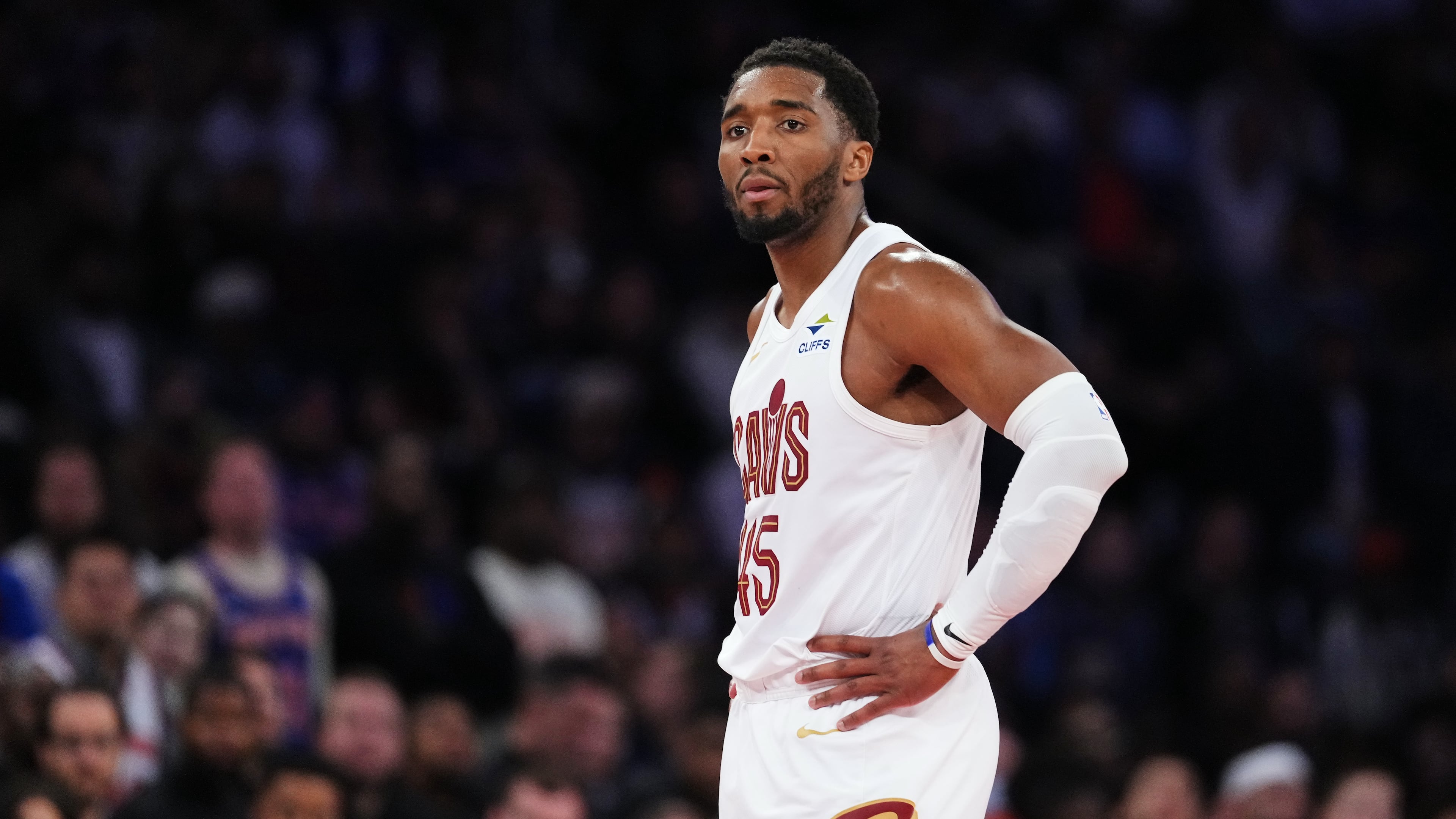 Cleveland Cavaliers' Donovan Mitchell reacts during the second half of Game 2 in the Eastern Conference finals NBA basketball playoffs series against the New York Knicks, Thursday, May 21, 2026, in New York. (AP Photo/Frank Franklin II)