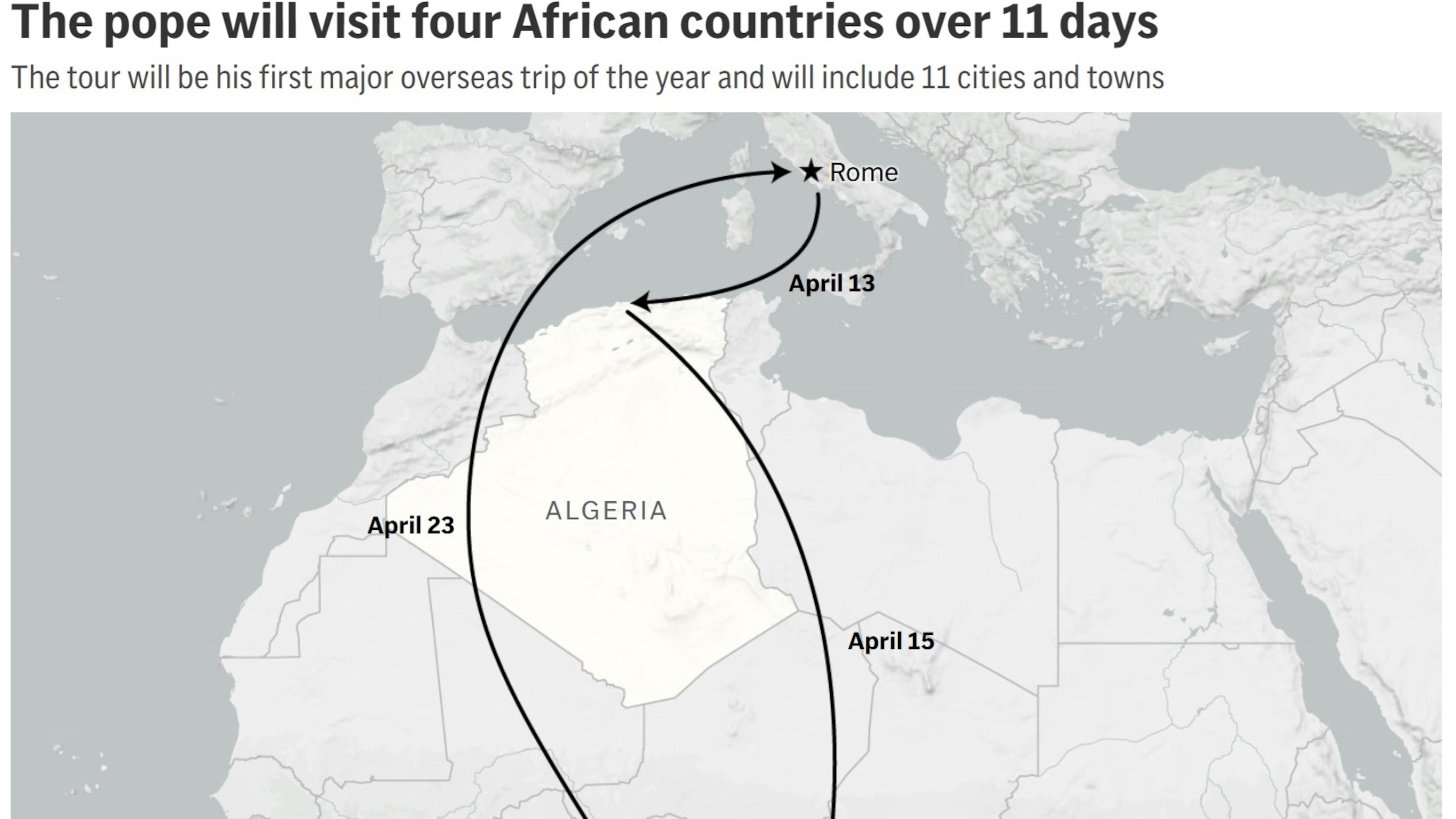 A map showing the pope's planned travel through Africa. (AP Digital Embed)